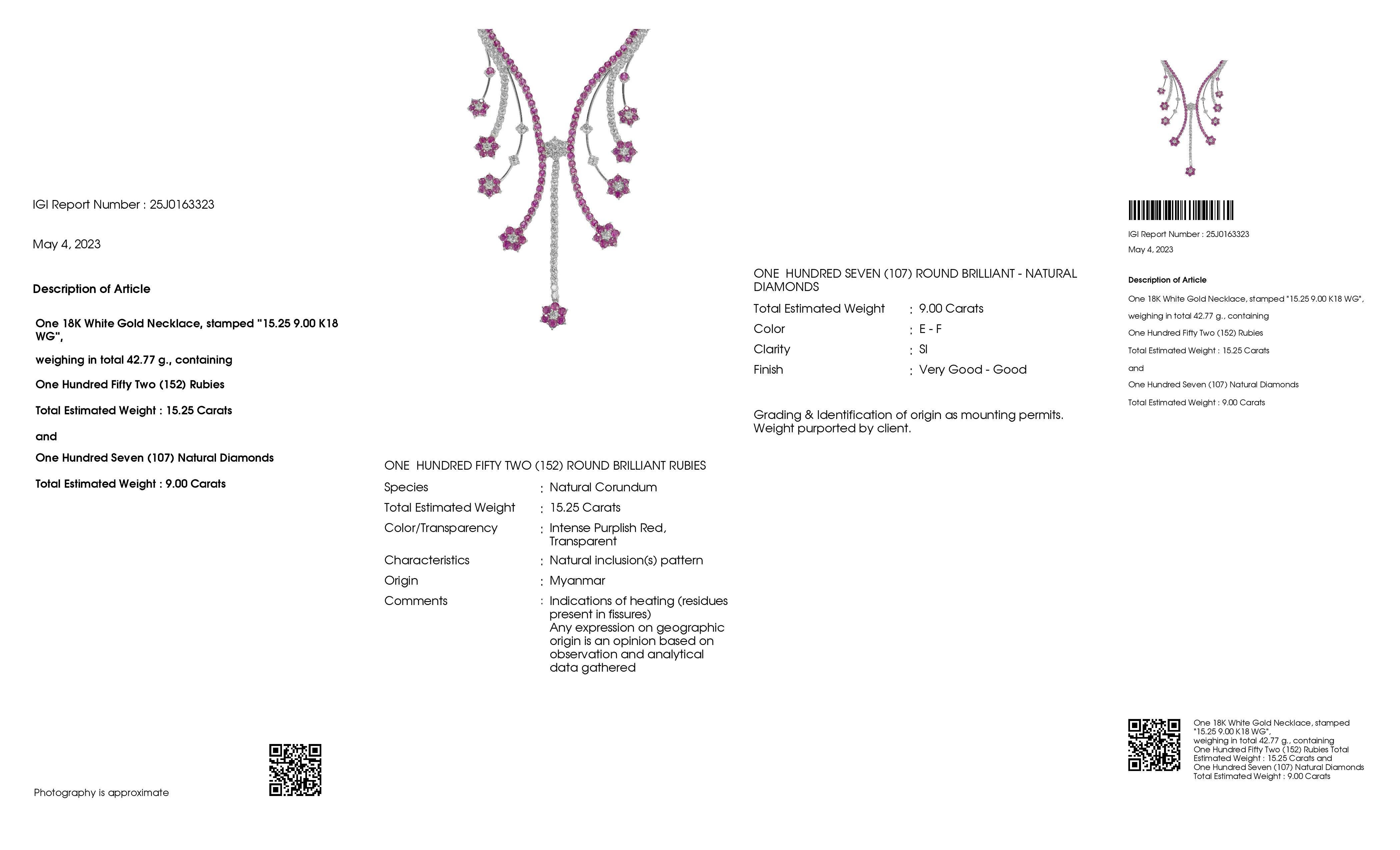 IGI Certified 15.25ct Natural Rubies 9.00ct Diamonds 18K Gold Necklace 1