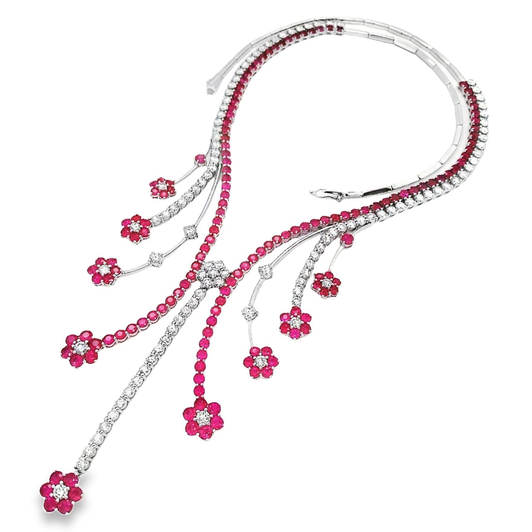 Women's IGI Certified 15.25ct Natural Rubies 9.00ct Diamonds 18K Gold Necklace For Sale