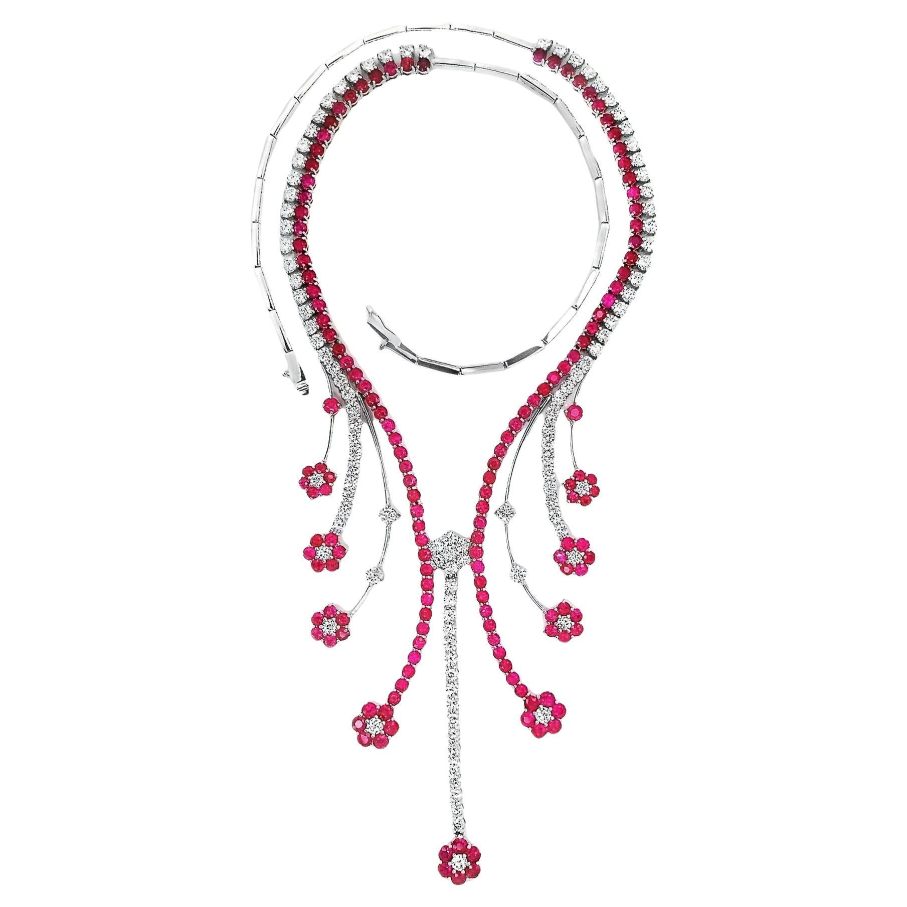 IGI Certified 15.25ct Natural Rubies 9.00ct Diamonds 18K Gold Necklace For Sale