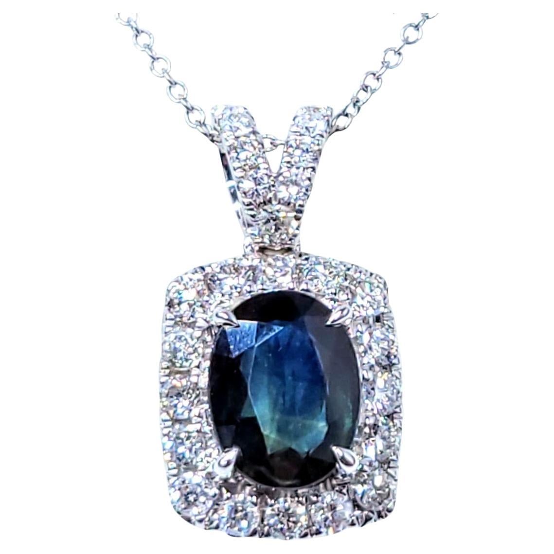 IGI Certified 1.55 Carat Sapphire and Diamond Pendant in 18K White Gold For Sale