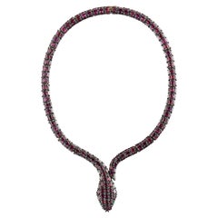 Collier serpent en or 8K certifié IGI 155,25 carats rhodolite et diamant