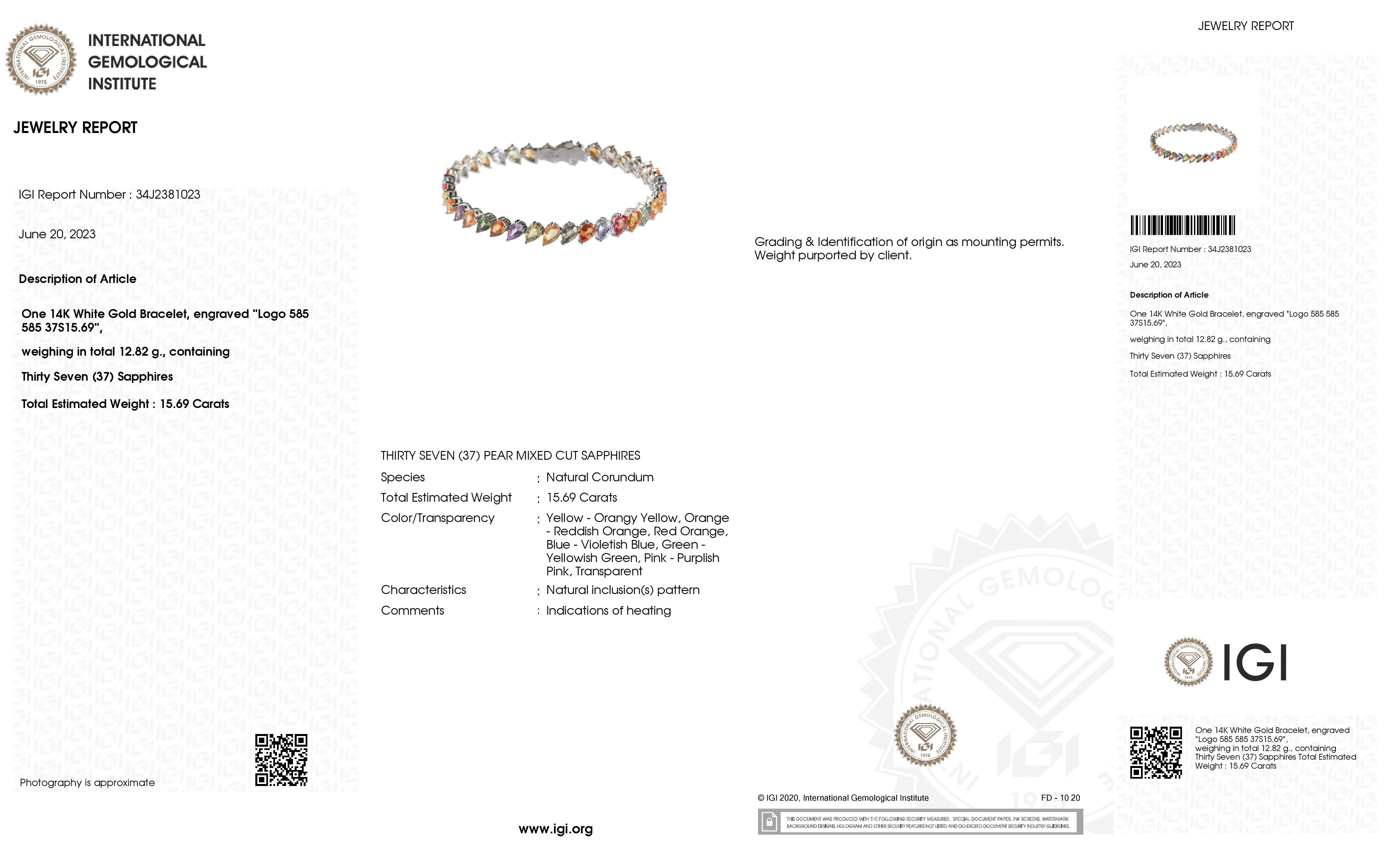 IGI Certified 15.69ct Natural Sapphires 14K White Gold Bracelet For Sale 1