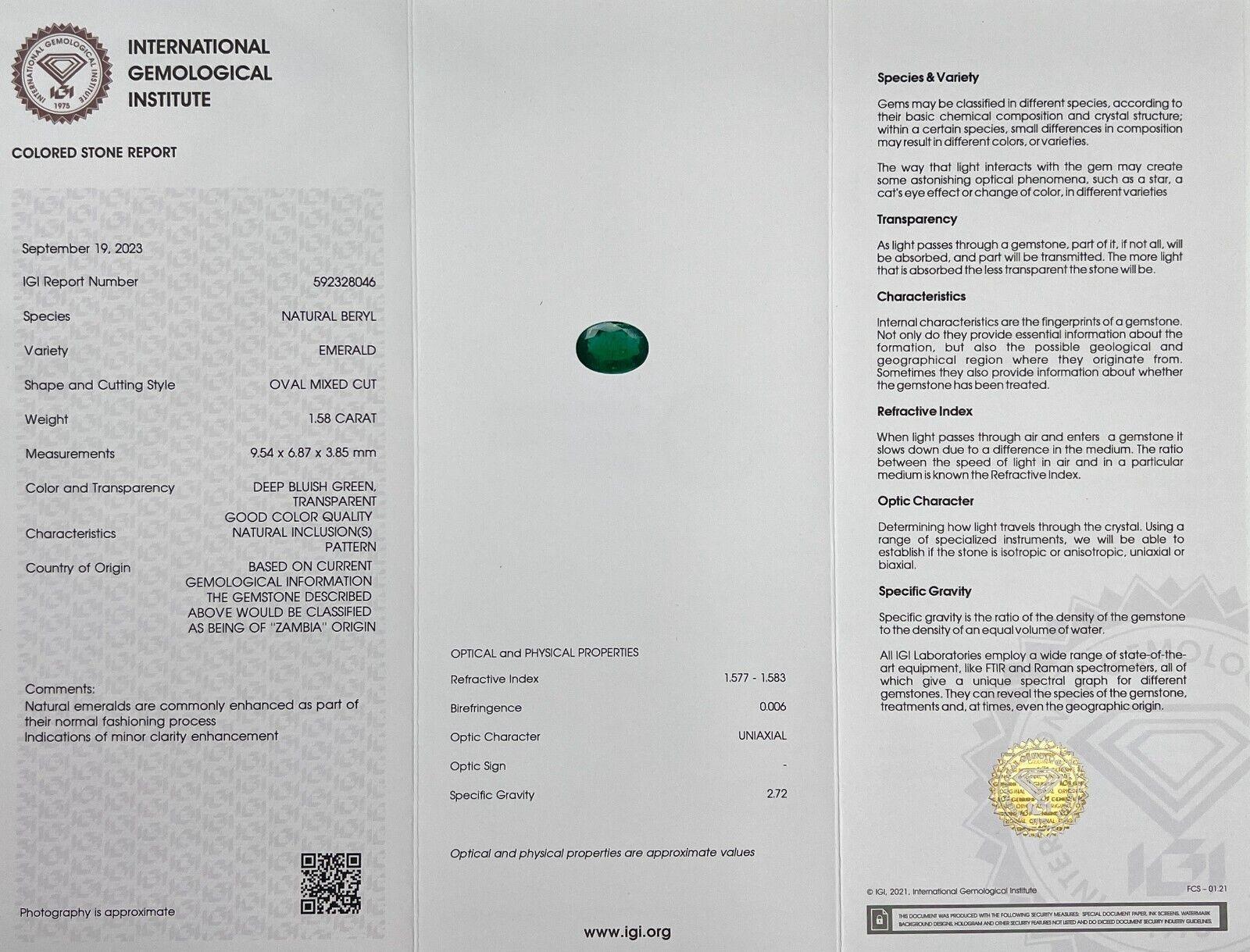 IGI Certified 1.58ct Natural Deep Green Emerald Oval Cut Loose Gemstone 2