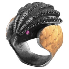 IGI Certified 1.62 Carat Diamond and Black Diamond and Ruby Eagle Motif Ring