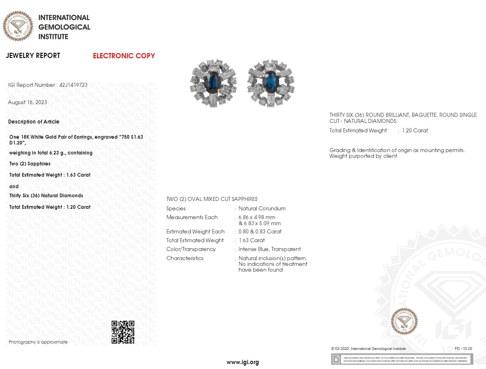 Orecchini con zaffiro blu e diamanti non riscaldati certificati IGI da 1,63 carati in oro bianco in vendita 8