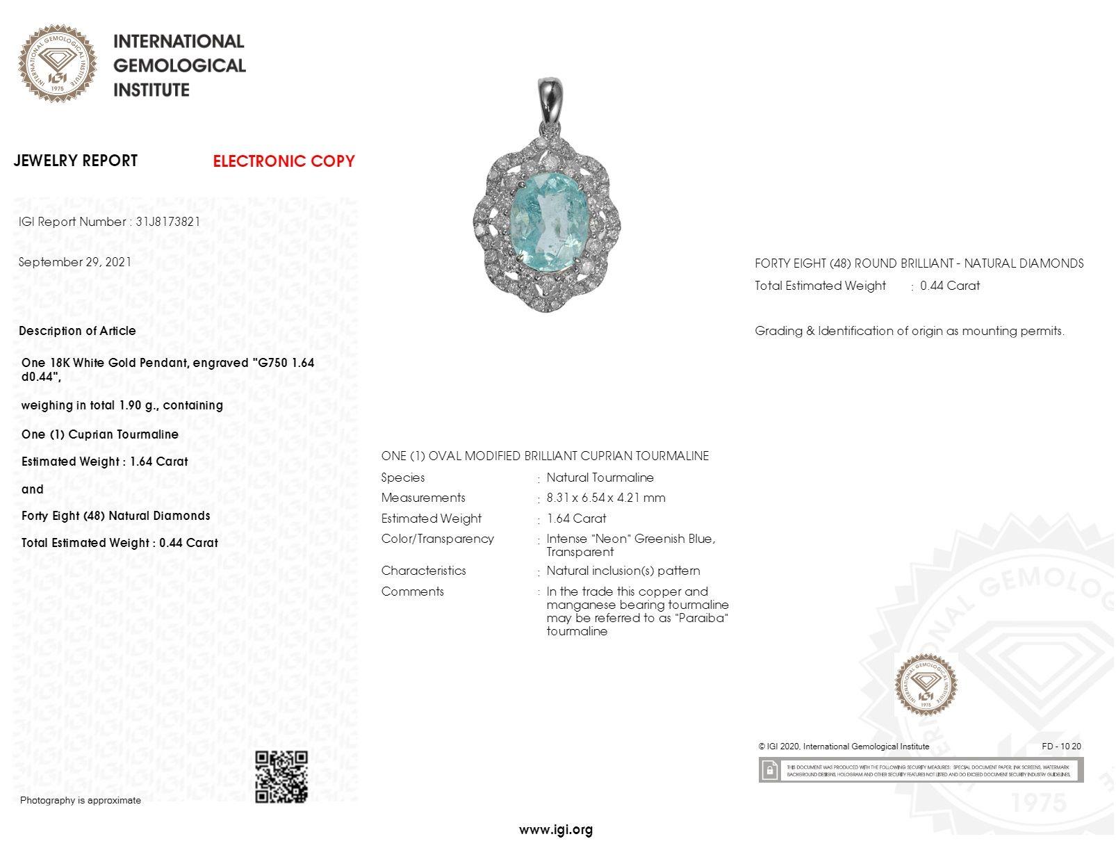 Moderno Paraiba e diamante da 1,64 carati certificati IGI in oro bianco 18 carati in vendita
