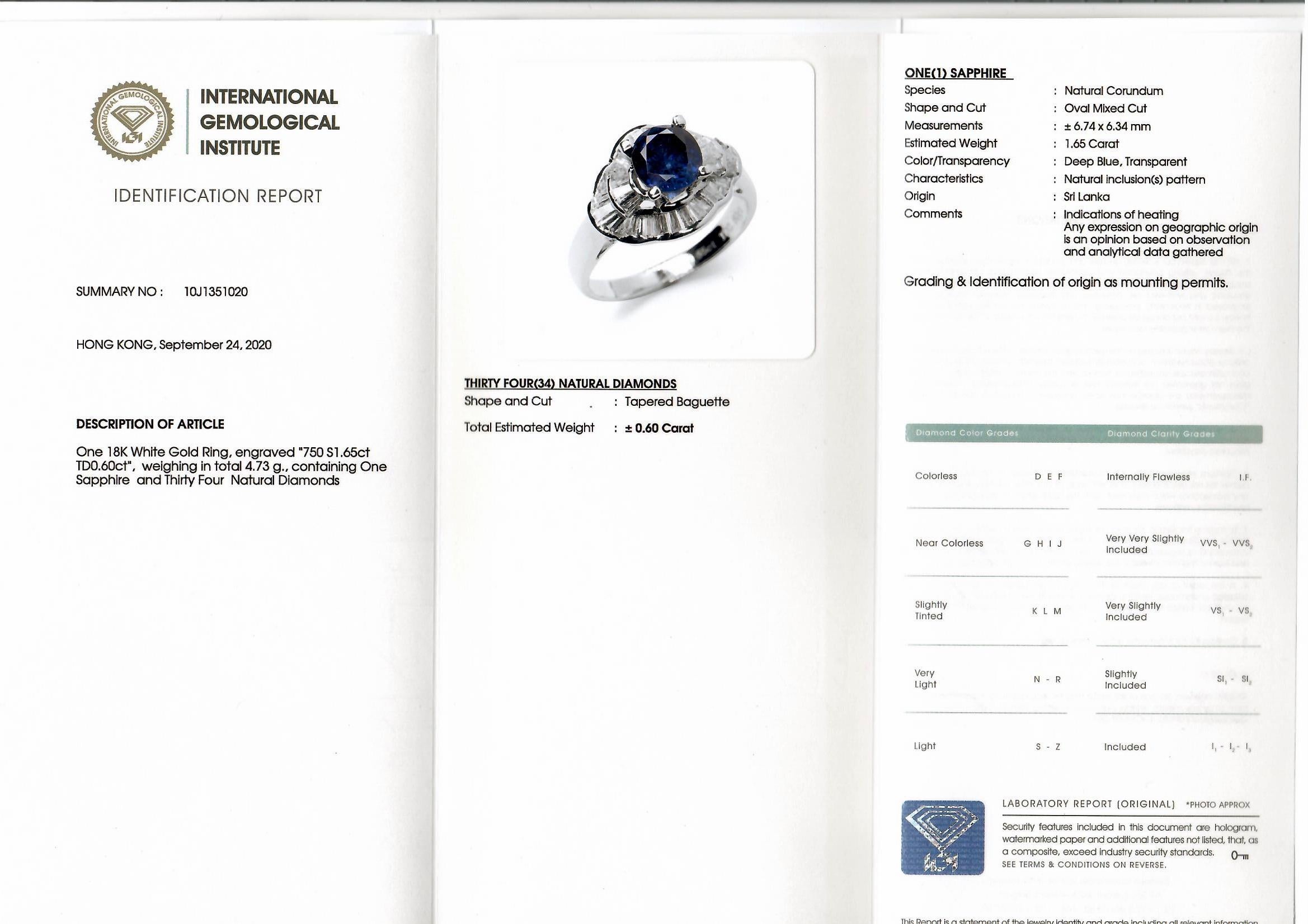 IGI Certified 1.65 Carat Blue Sapphire Ceylon Ring in 18K White Gold For Sale 3
