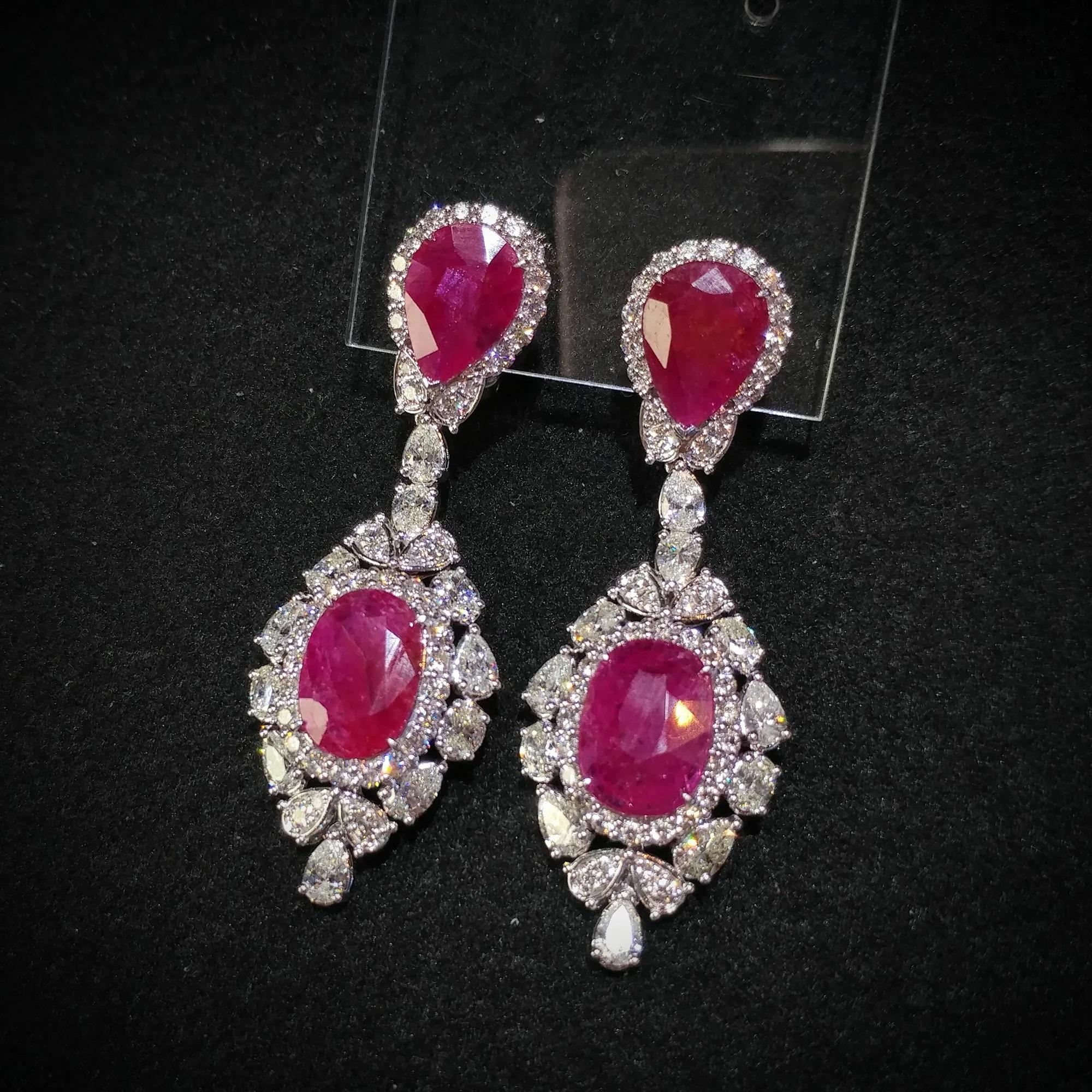 Oval Cut IGI Certified 16.74 Carat Ruby & 6.86 Carat Diamond Earrings in 18K White Gold For Sale