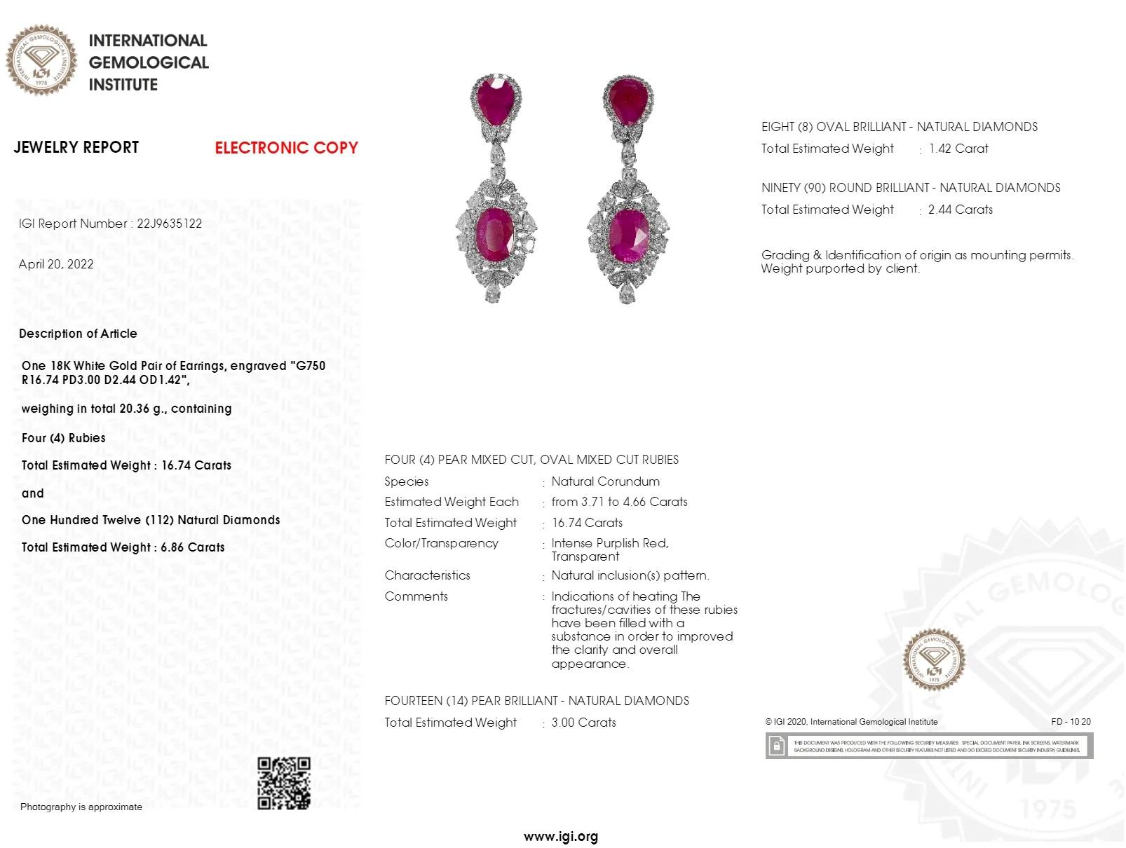 Women's or Men's IGI Certified 16.74 Carat Ruby & 6.86 Carat Diamond Earrings in 18K White Gold For Sale
