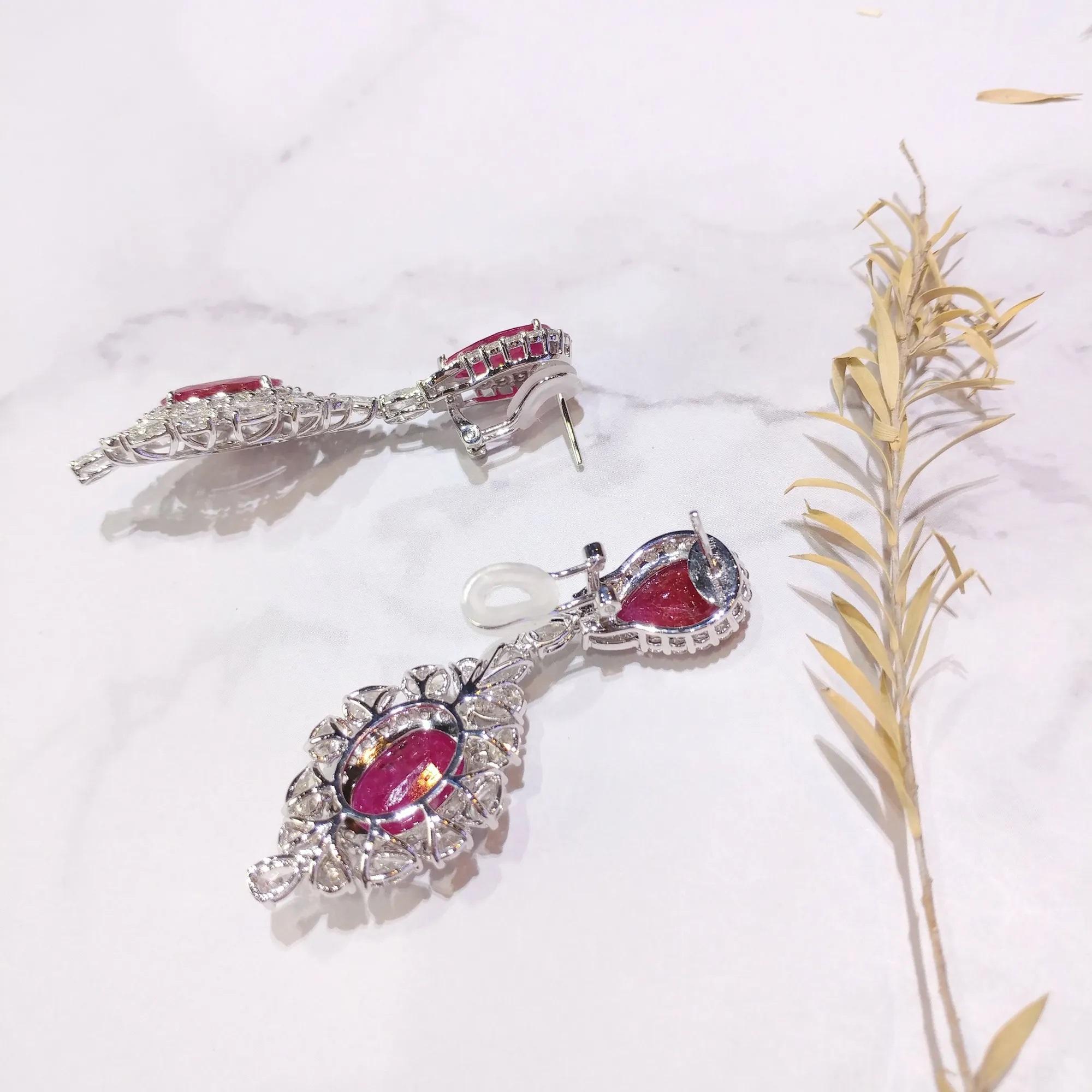 IGI Certified 16.74 Carat Ruby & 6.86 Carat Diamond Earrings in 18K White Gold For Sale 1