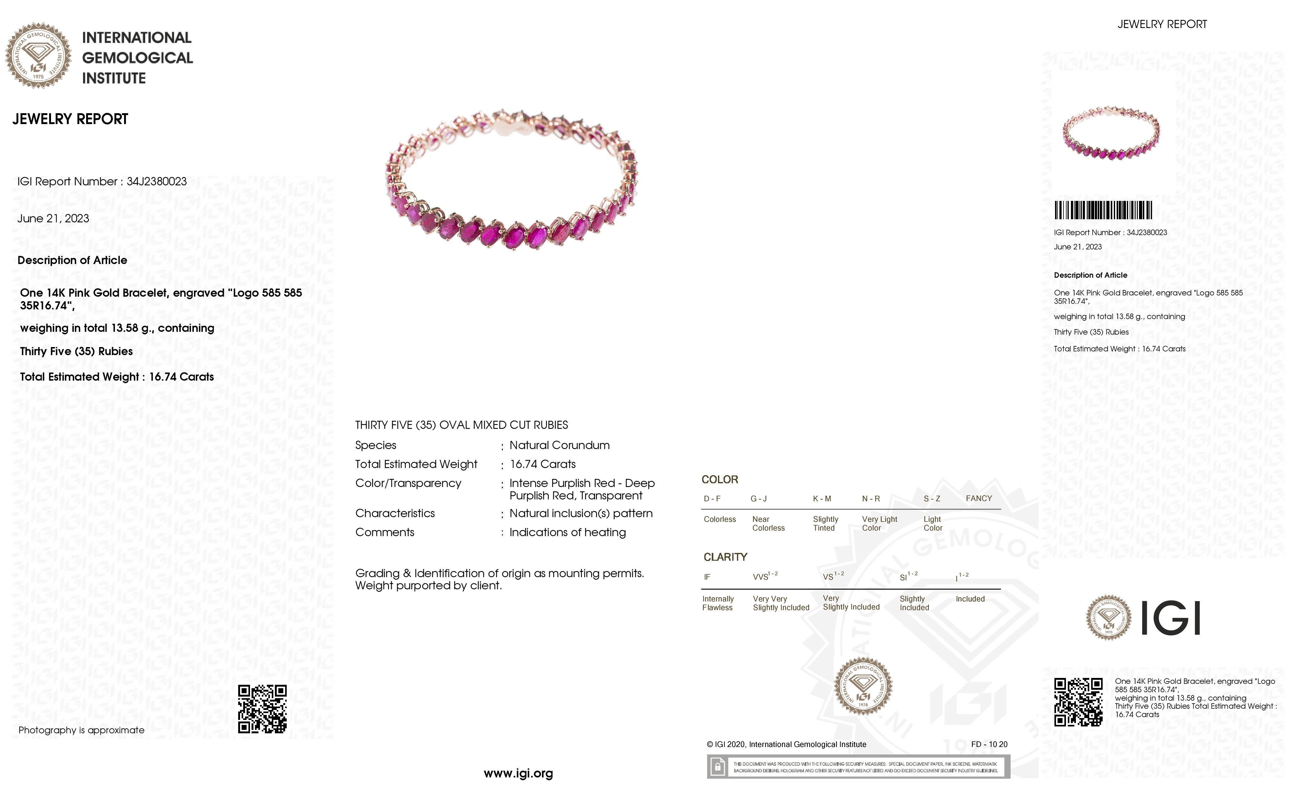 Oval Cut IGI Certified 16.74ct Rubies 14K Pink Gold Bracelet For Sale