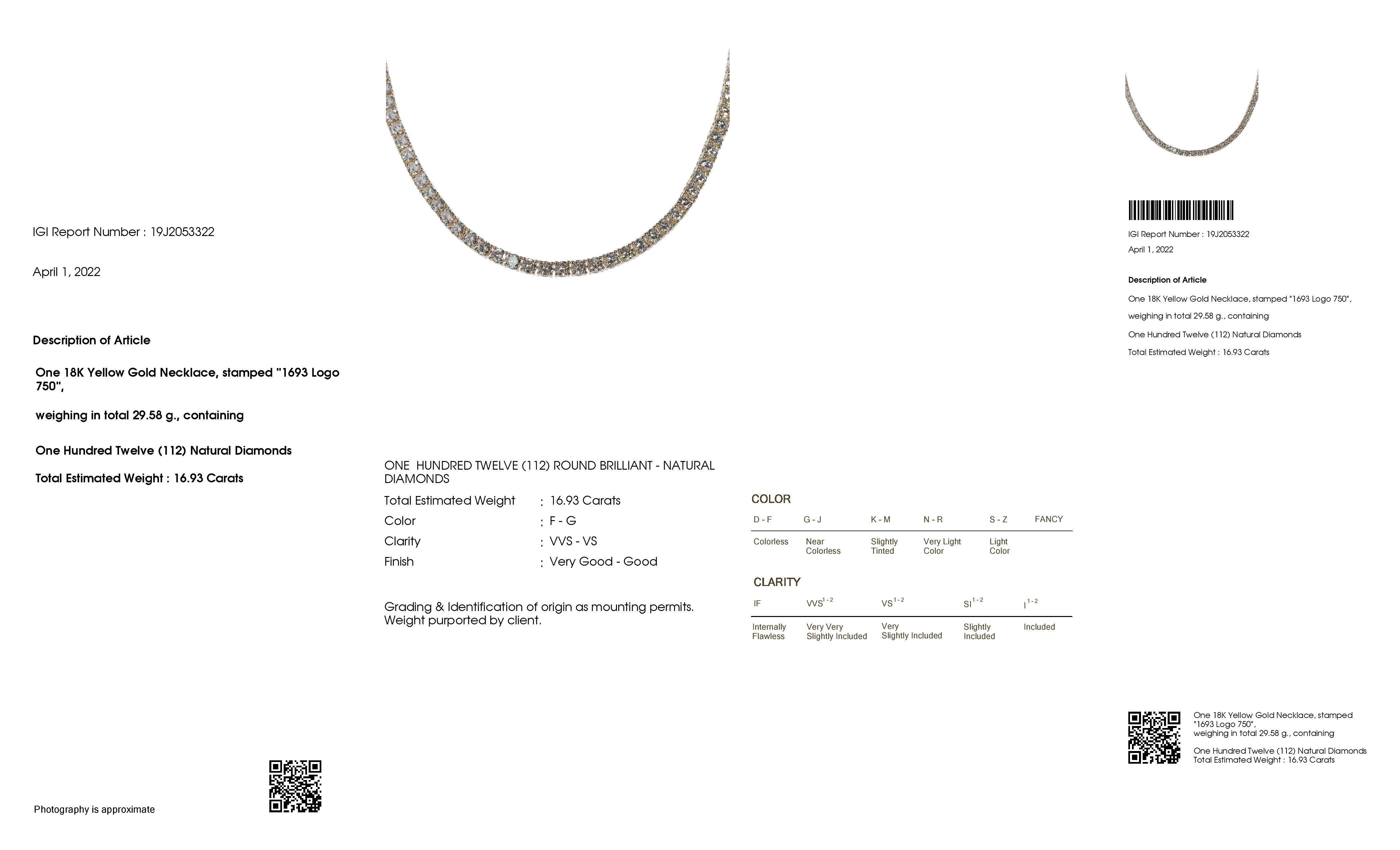 IGI Certified 16.93ct Natural White Diamonds Yellow Gold Necklace 1