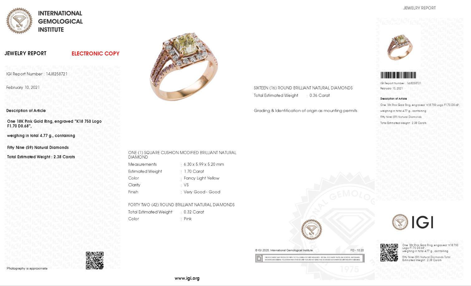 Cushion Cut IGI Certified 1.70 Carat Natural Fancy Light Yellow Diamond Solitaire Ring For Sale