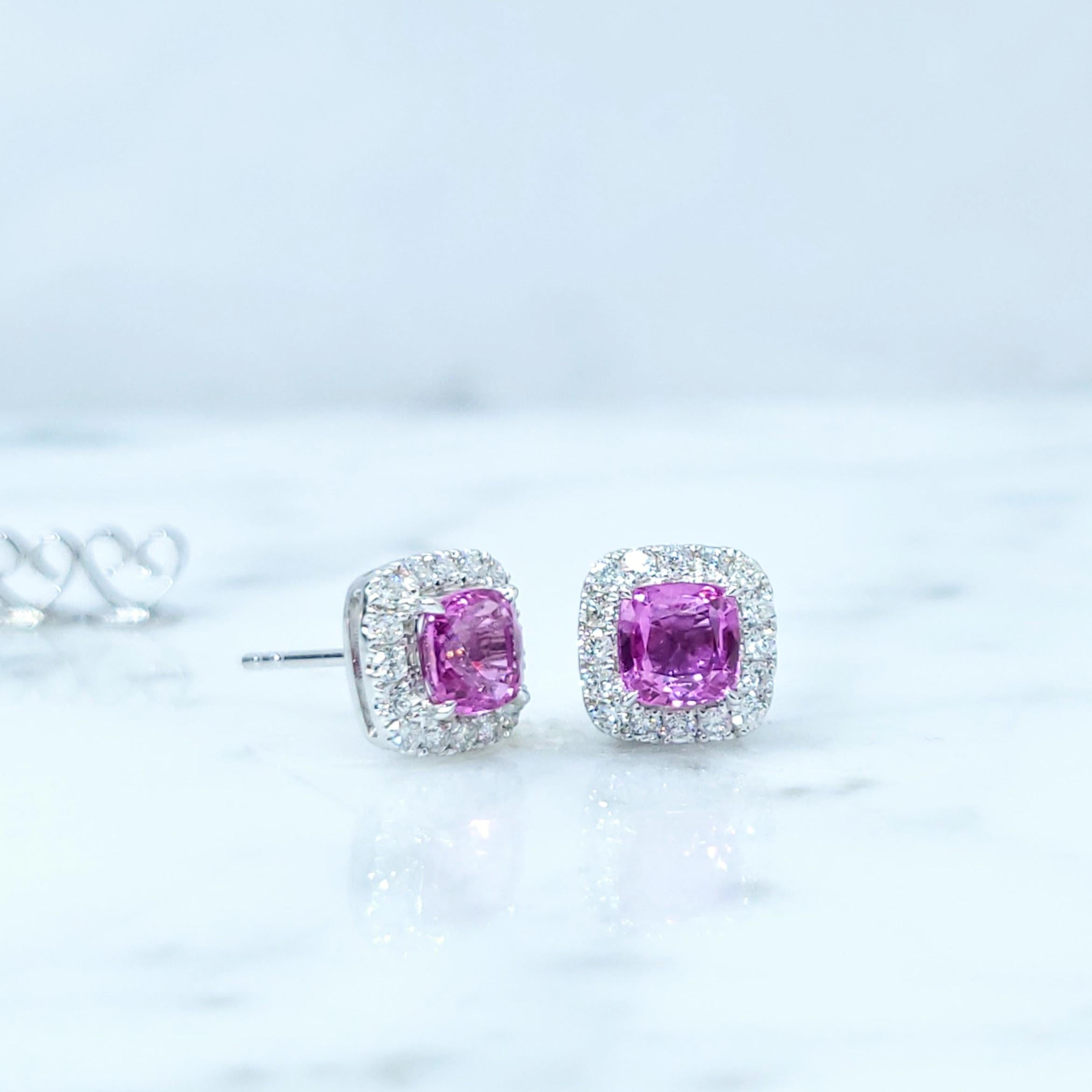 Orecchini con zaffiro rosa e diamante certificati IGI da 1,70 carati in oro bianco 18 carati in vendita 1