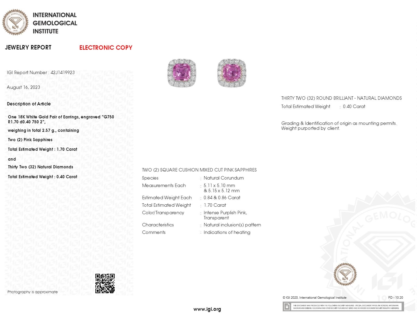 Orecchini con zaffiro rosa e diamante certificati IGI da 1,70 carati in oro bianco 18 carati in vendita 3