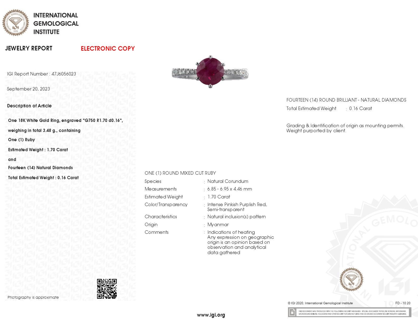 Women's IGI Certified 1.70 Carat Ruby & Diamond Ring in 18K White Gold For Sale