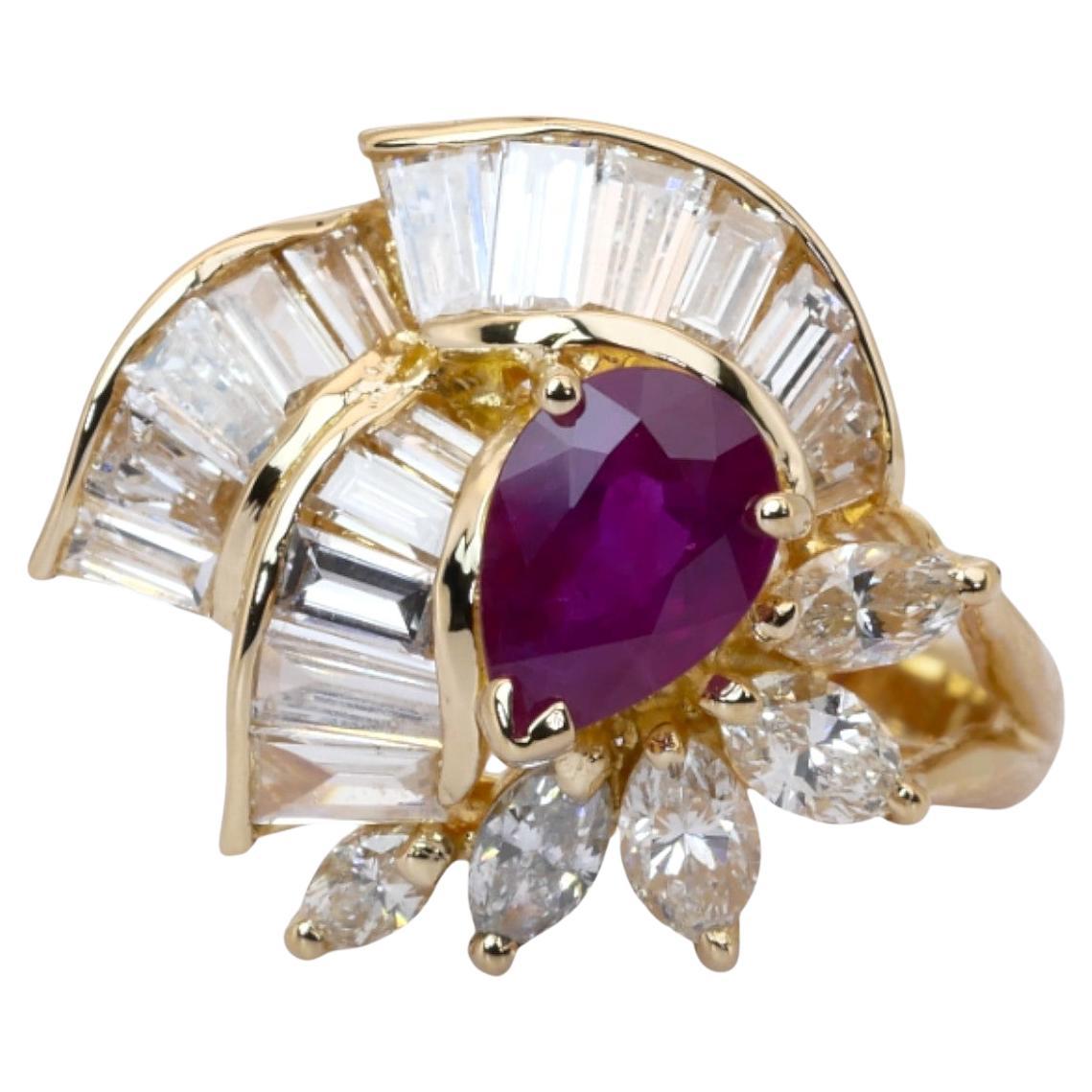 IGI Certified 1.71ct Ruby and Diamonds Cluster Ring in 18k Yellow Gold For Sale