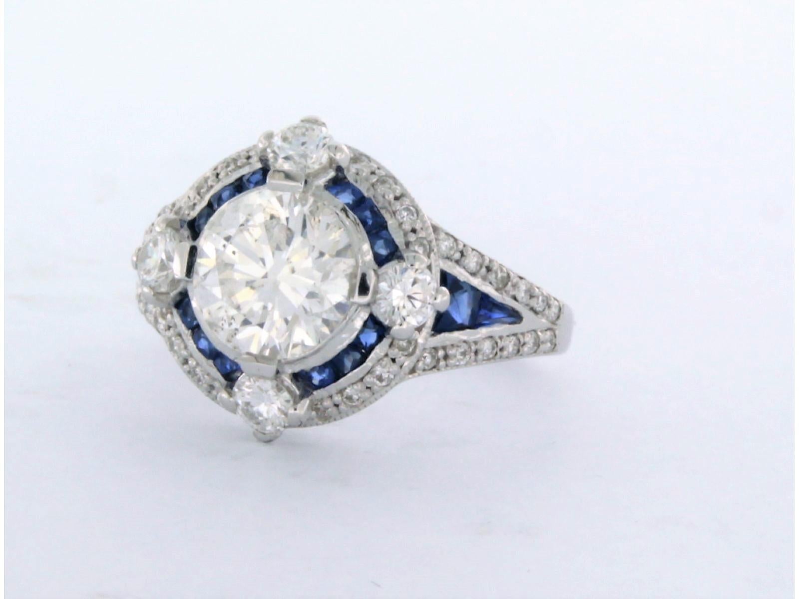 Art Deco IGI Certified 1.74 Carat Diamond Sapphire Ring 14k white Gold For Sale