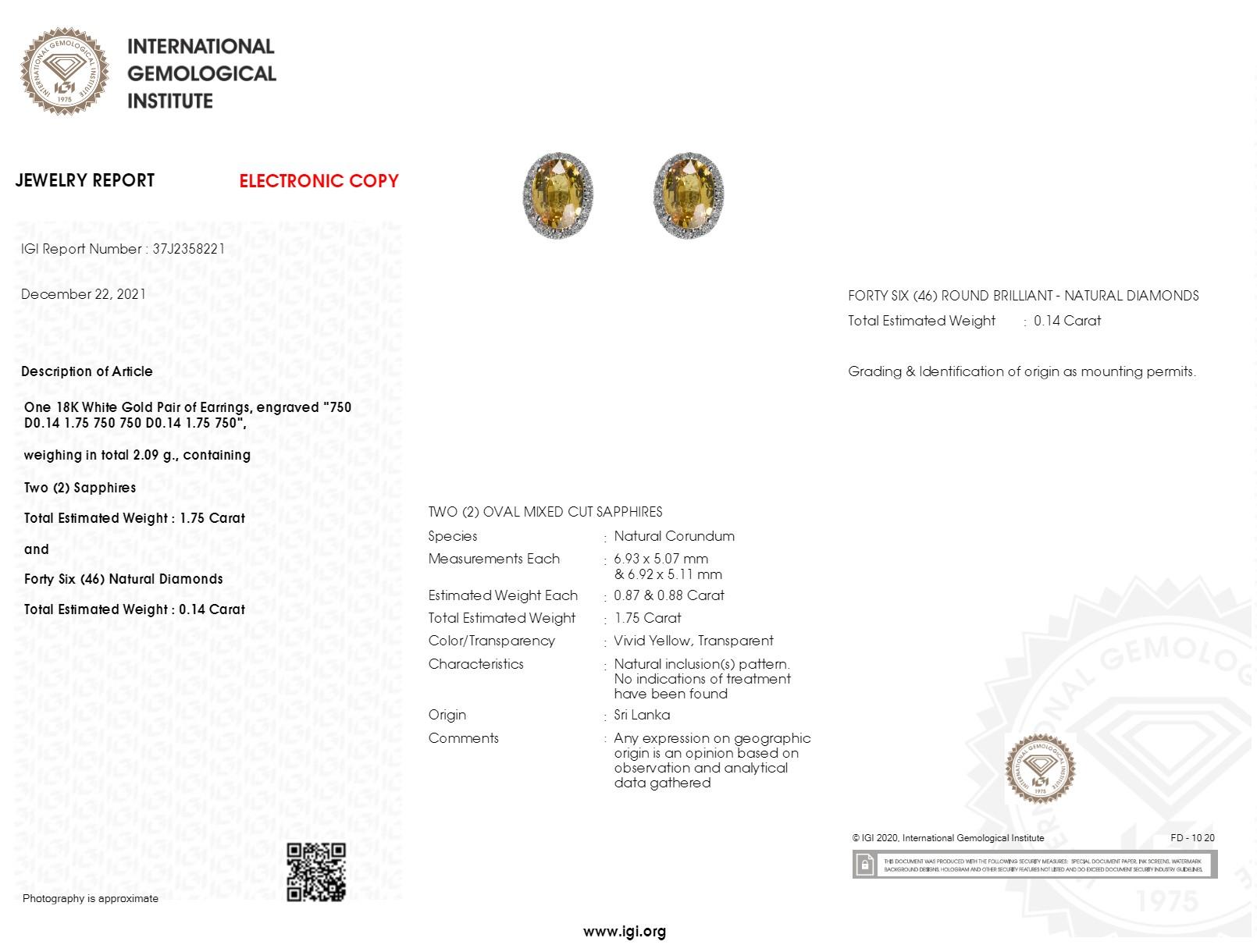 IGI Certified 1.75 Carat Unheat Ceylon Yellow Sapphire & Diamond Earrings in 18K For Sale 5