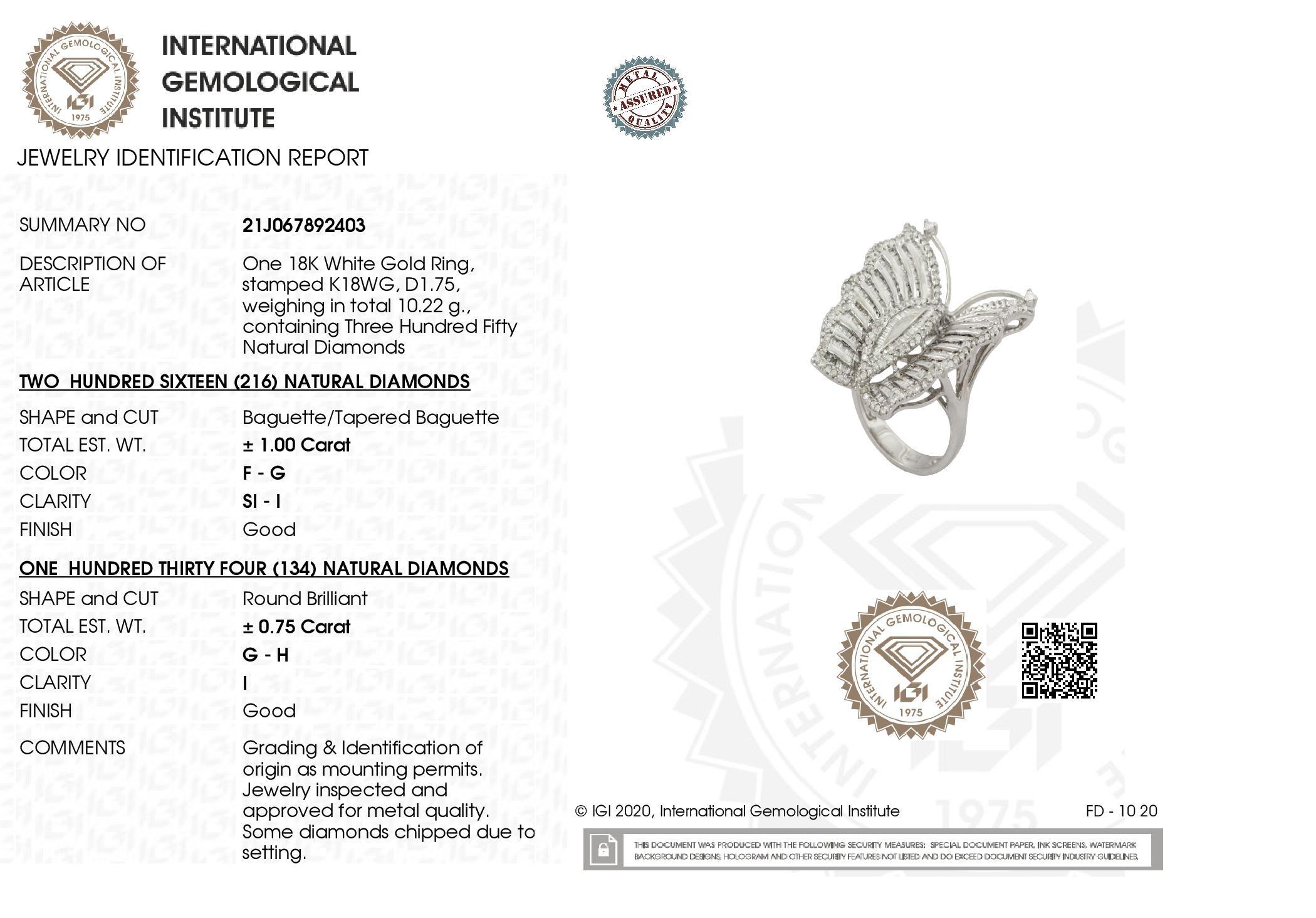 Taglio misto Anello a farfalla in oro bianco 18 carati con diamanti naturali certificati IGI da 1,75 ct. in vendita