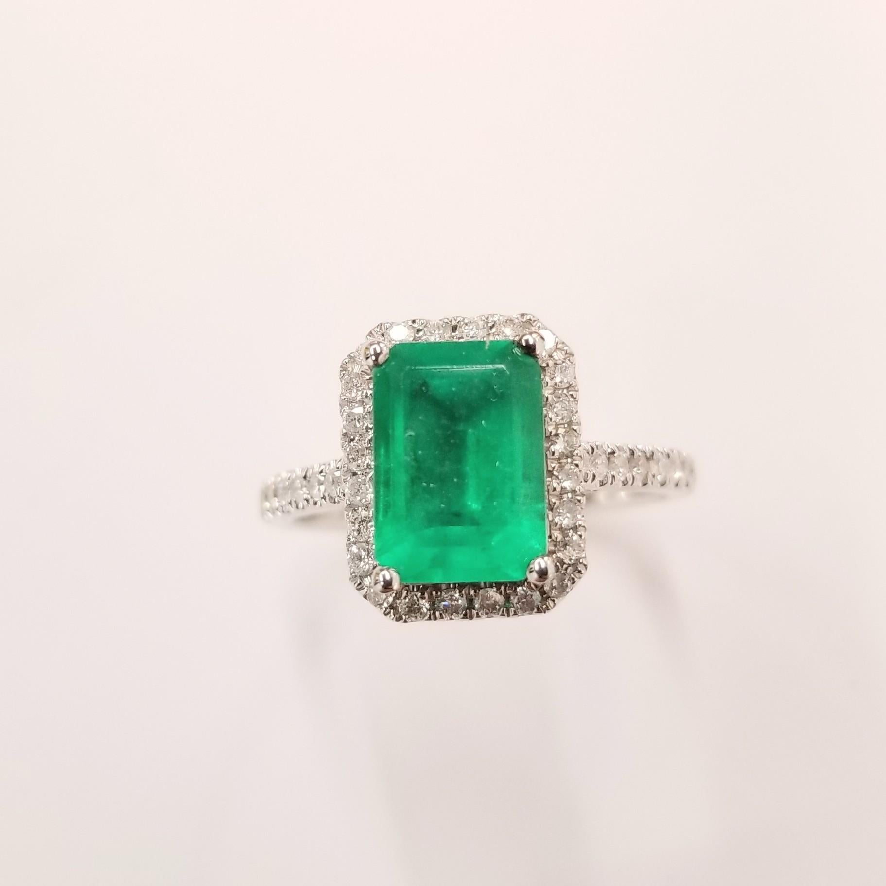 Emerald Cut IGI Certified 1.76 Carat Emerald & Diamond Ring in 18K White Gold For Sale