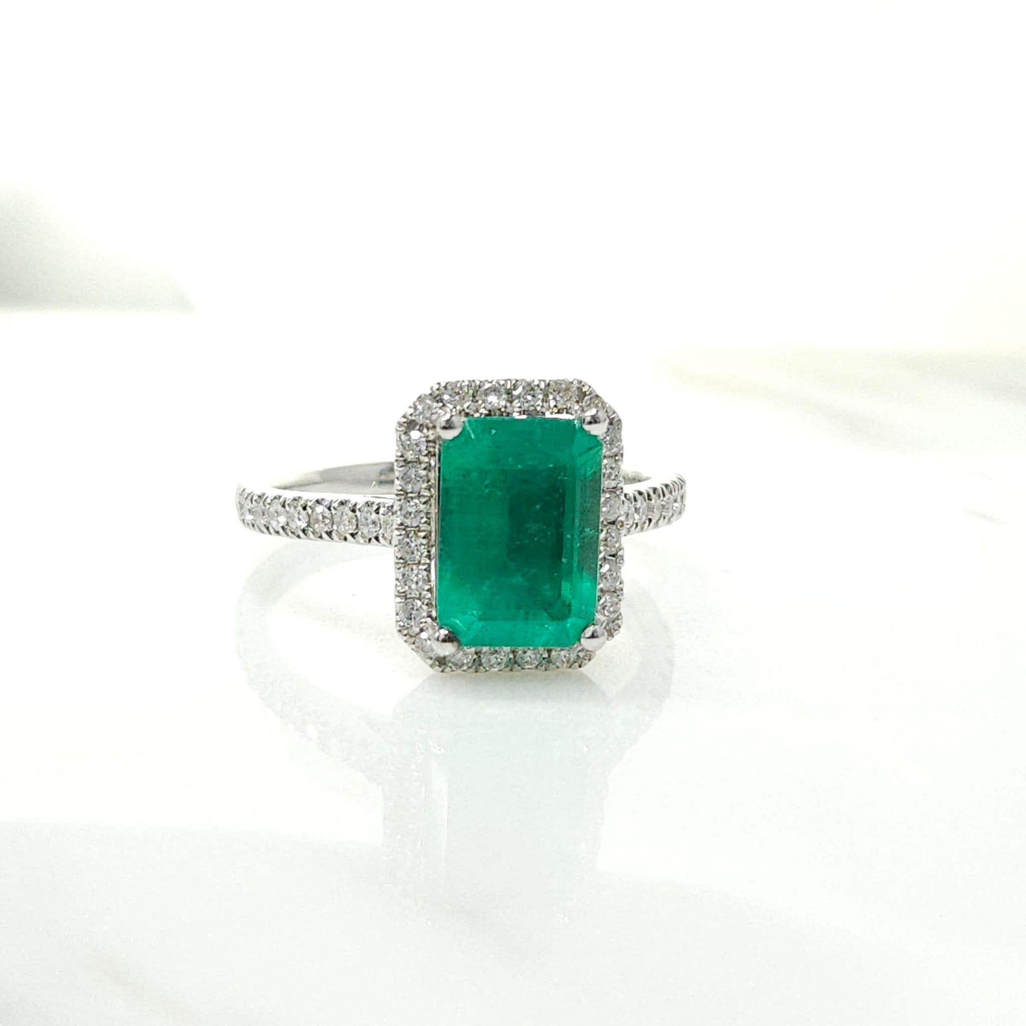 Emerald Cut IGI Certified 1.76 Carat Emerald & Diamond Ring in 18K White Gold For Sale