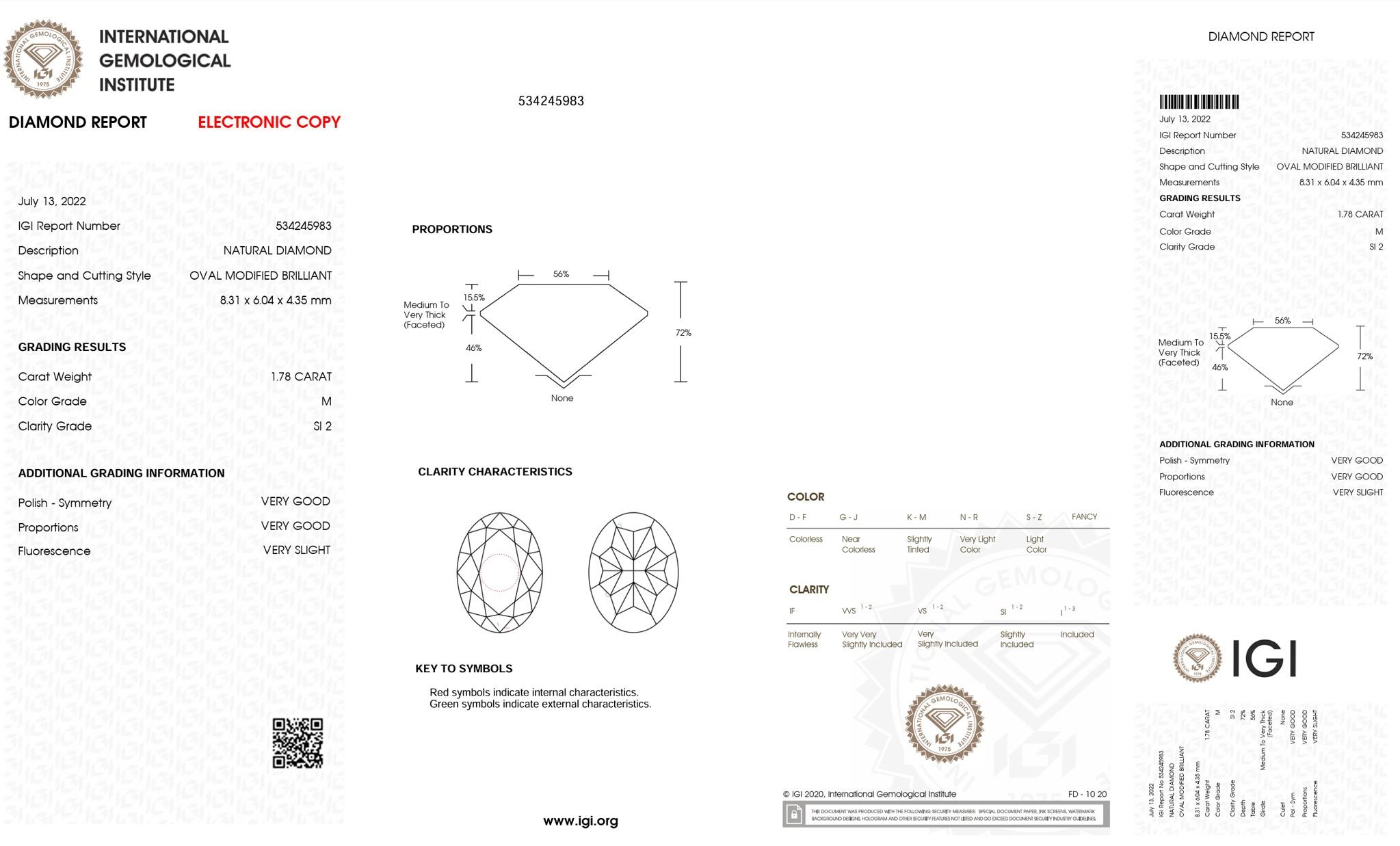 IGI Certified 1.78 Carat M Colour SI2 Clarity Diamond For Sale 1