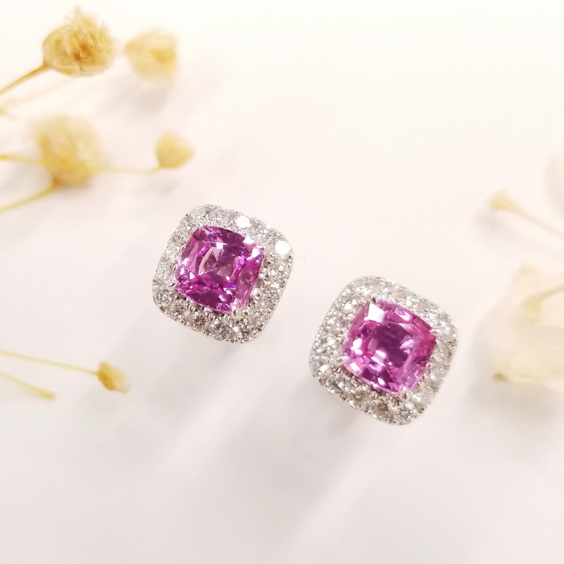 Modern IGI Certified 1.78 Carat Pink Sapphire & Diamond Earring in 18K White Gold For Sale