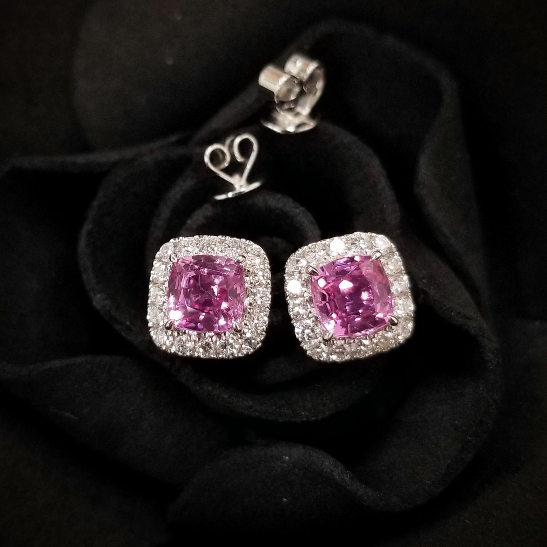 Cushion Cut IGI Certified 1.78 Carat Pink Sapphire & Diamond Earring in 18K White Gold For Sale