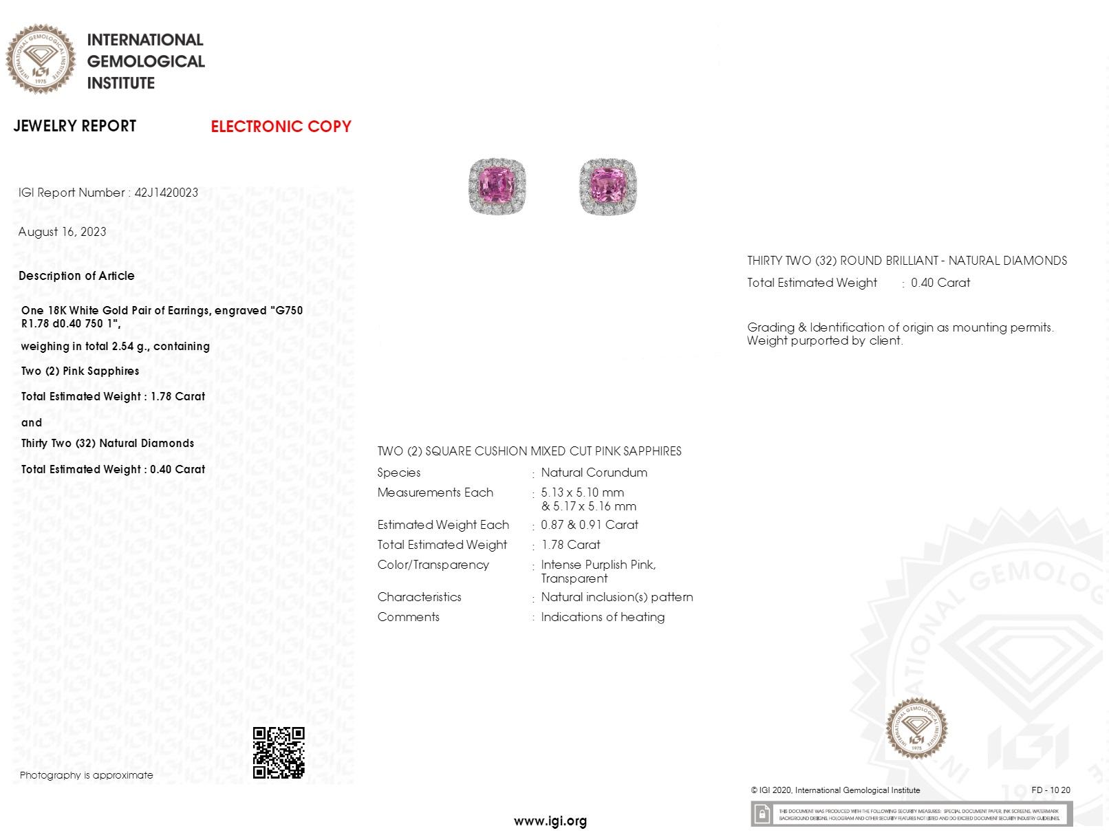 IGI Certified 1.78 Carat Pink Sapphire & Diamond Earring in 18K White Gold For Sale 2
