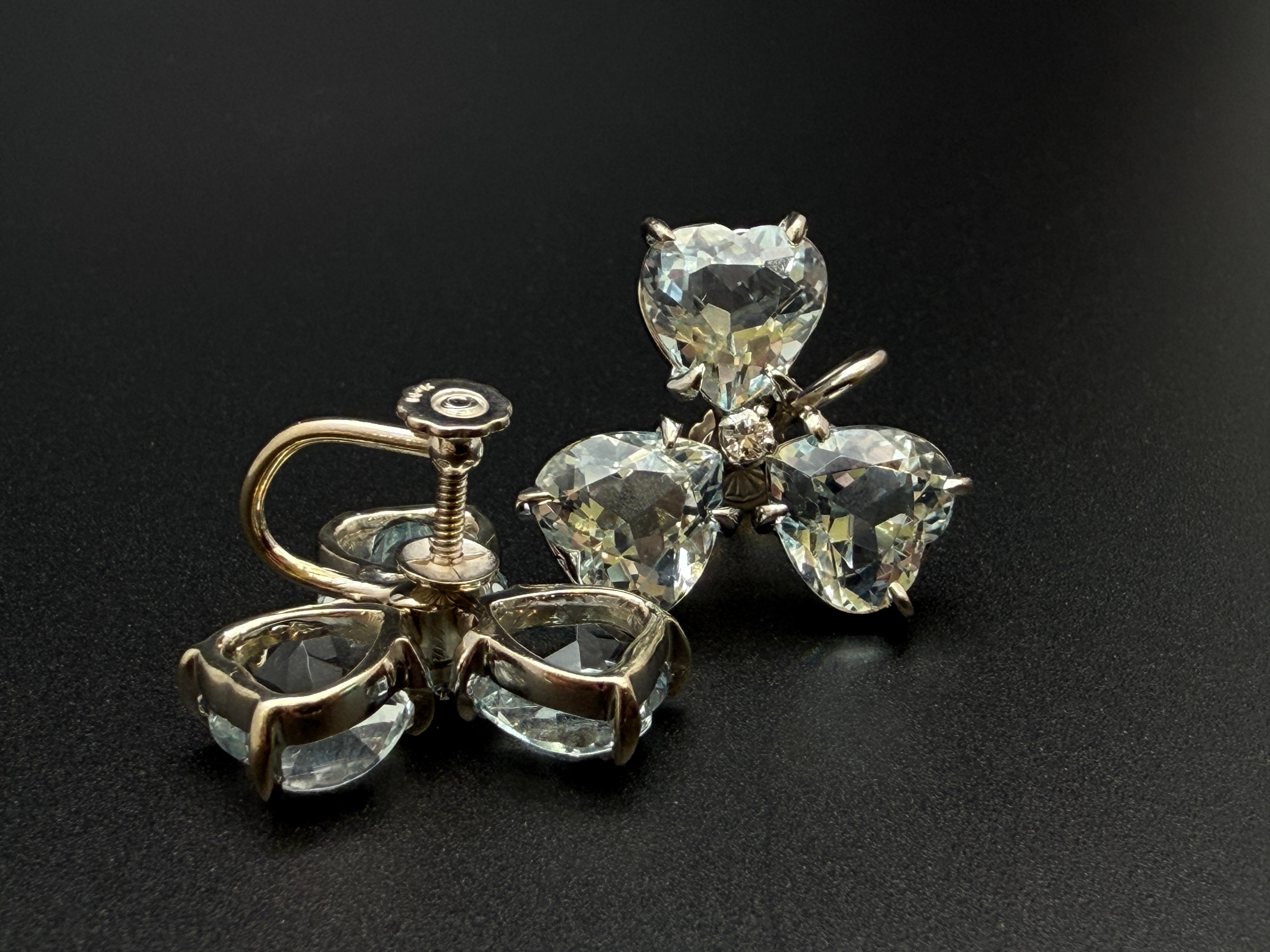 Orecchini a trifoglio in oro bianco 14K con diamante e acquamarina blu certificati IGI 18 CT in vendita 1