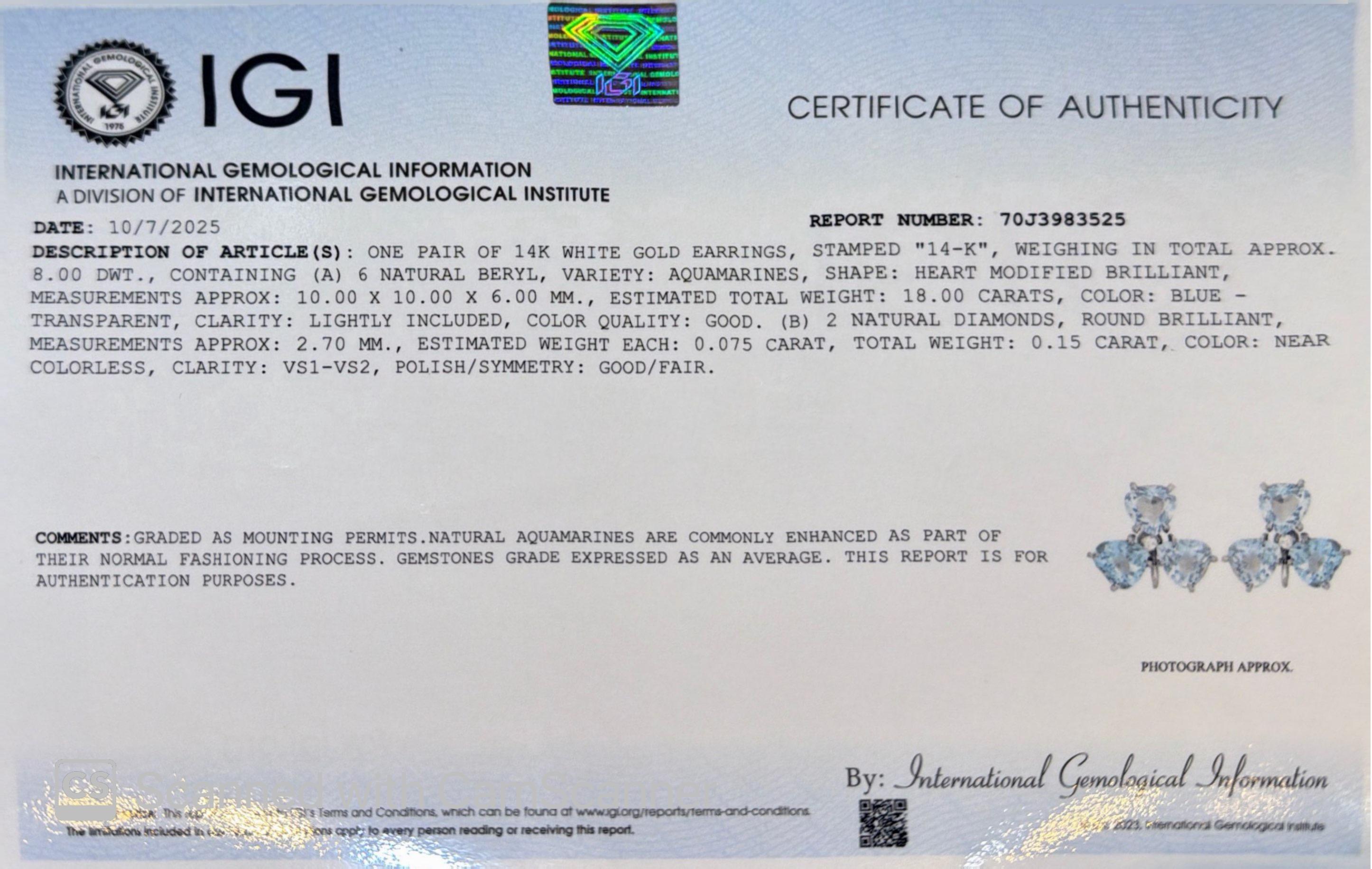 Orecchini a trifoglio in oro bianco 14K con diamante e acquamarina blu certificati IGI 18 CT in vendita 4