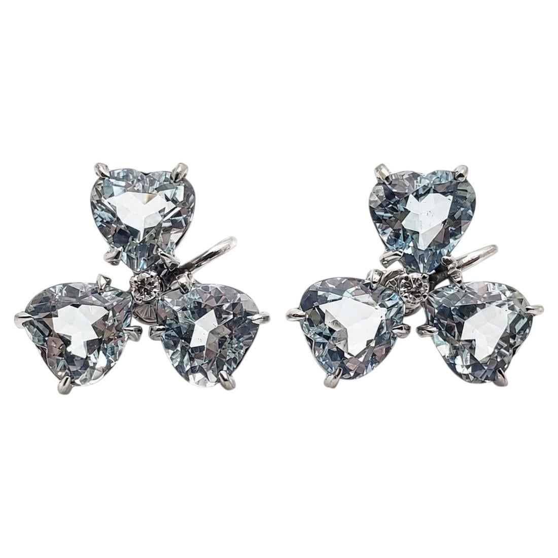 IGI Certified 18 CT Blue Aquamarine Diamond 14K White Gold Clover Earrings