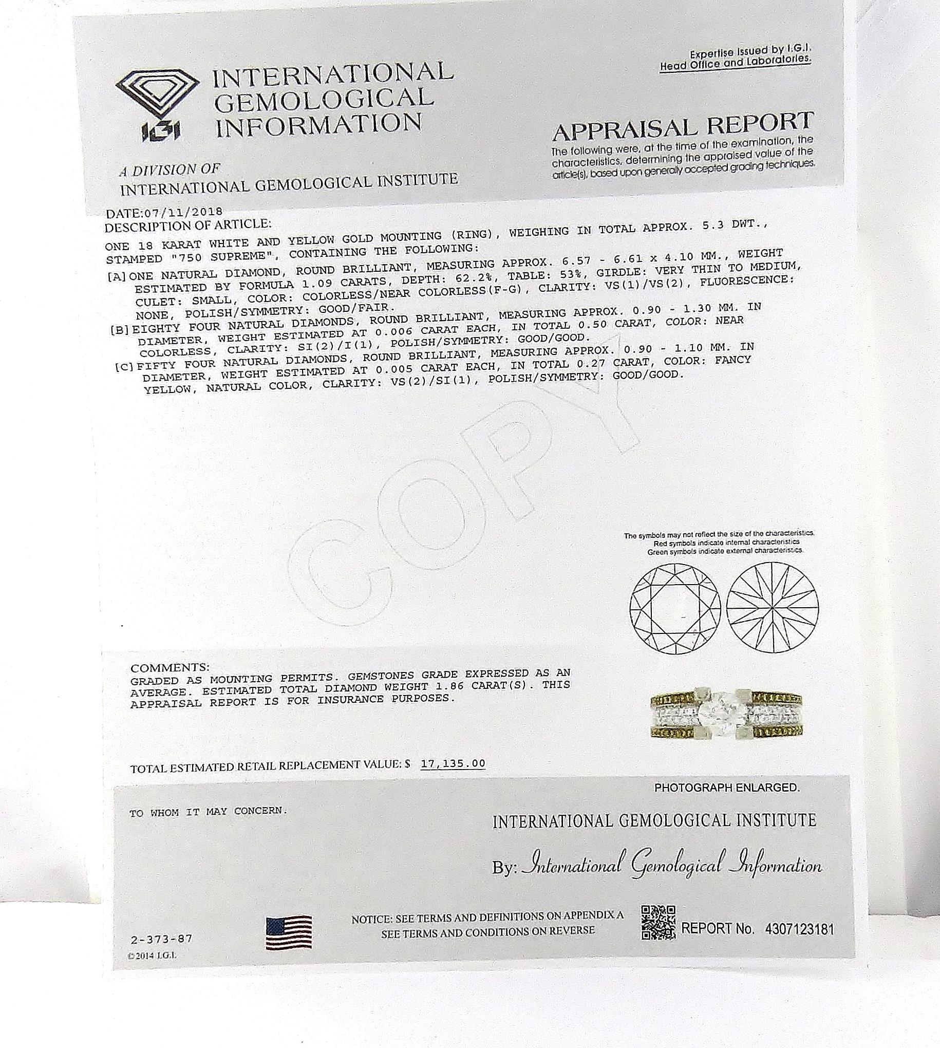 IGI Certified 18 Karat White and Gold Natural White and Yellow Diamond Ring 3