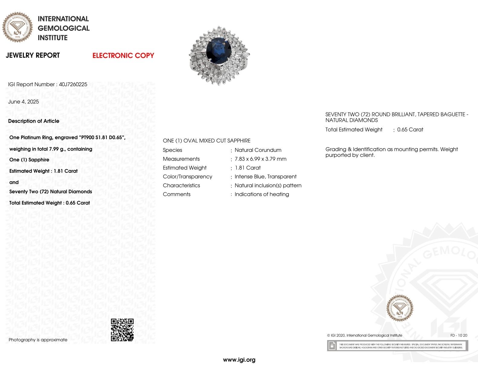 Anillo de Zafiro y Diamante en Platino de 1,81 Quilates Certificado IGI Moderno en venta