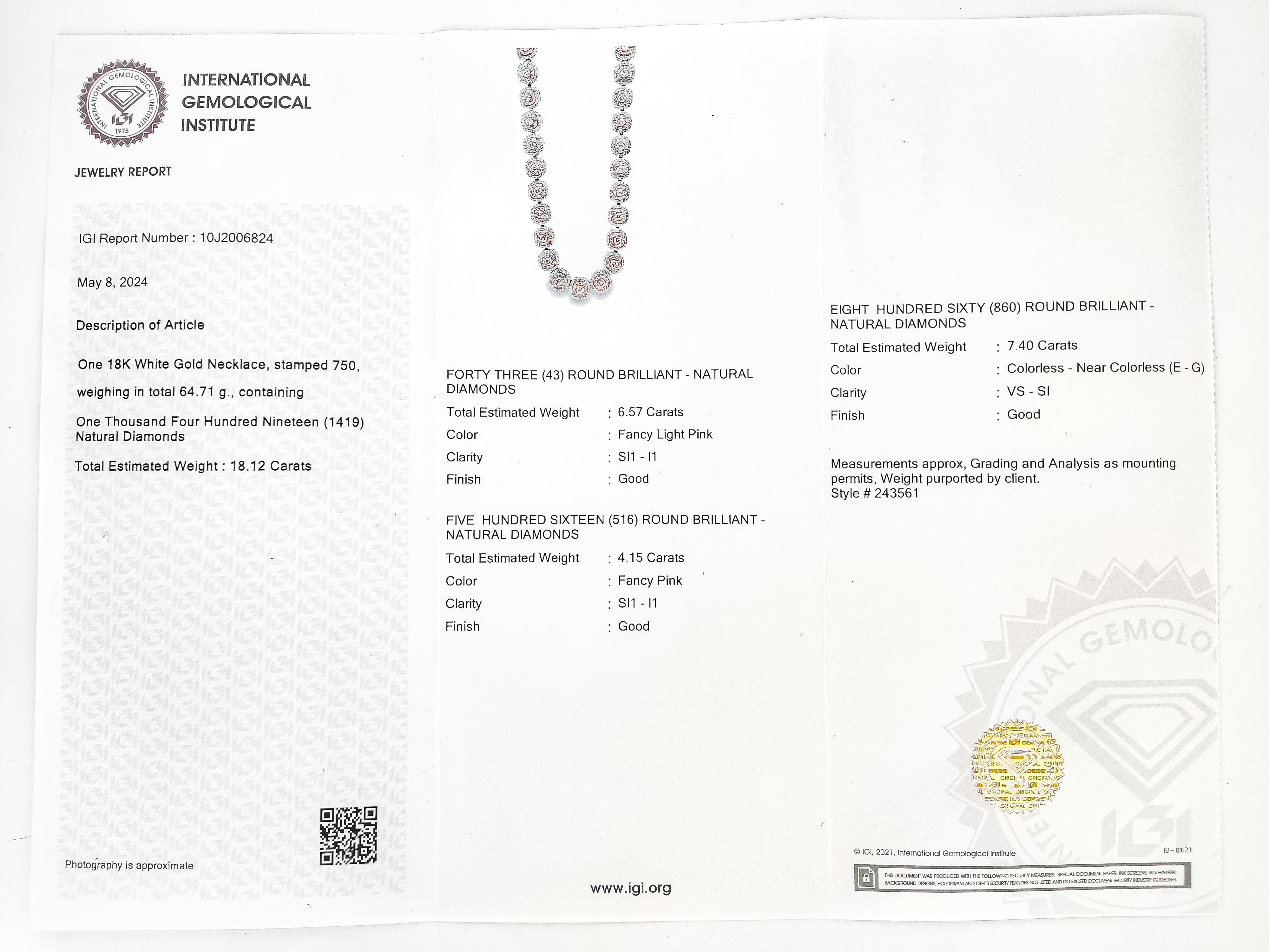 IGI Certified 18.14ctw Round Fancy Pink Diamond Necklace 18K Rose & White Gold For Sale 5