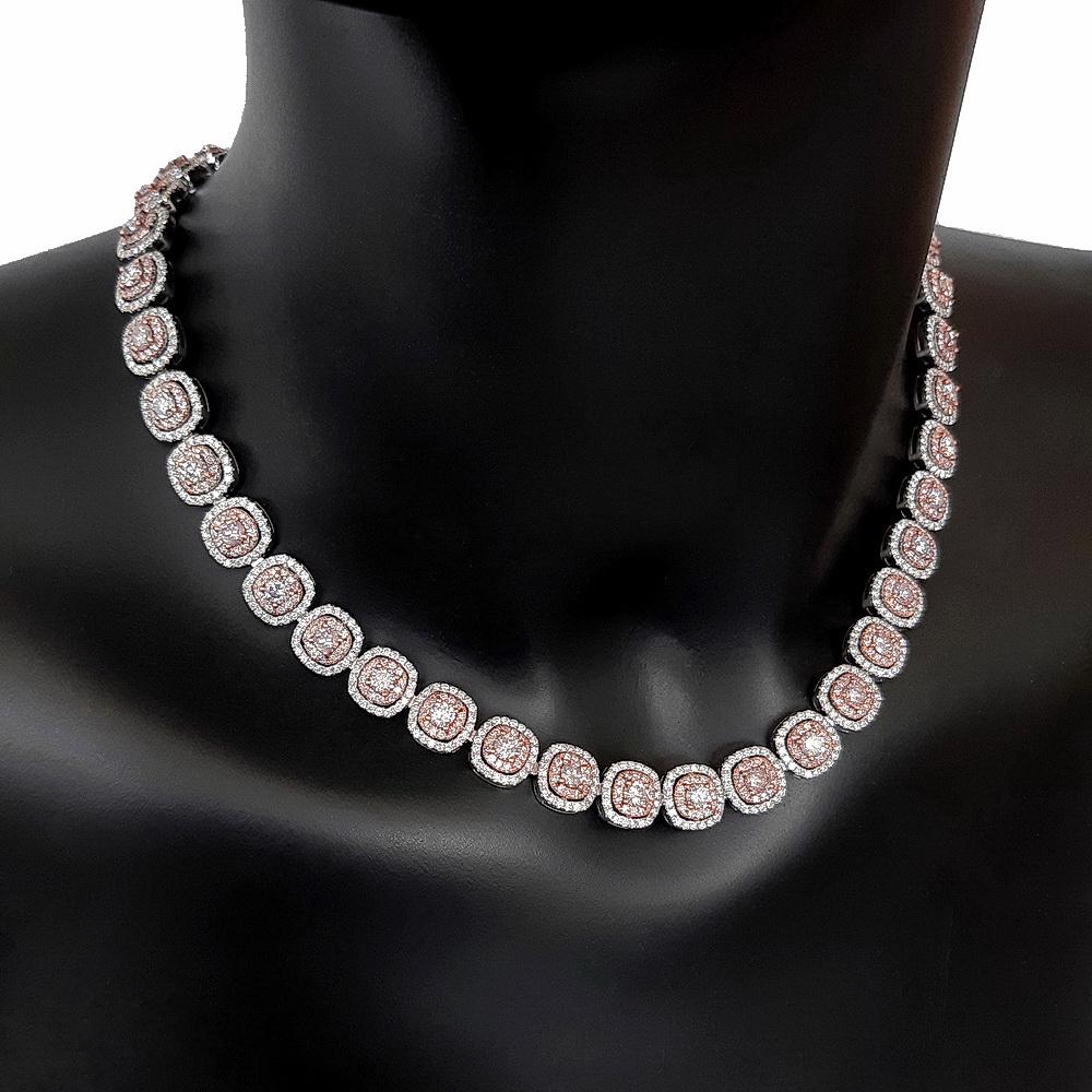 Art Deco IGI Certified 18.14ctw Round Fancy Pink Diamond Necklace 18K Rose & White Gold For Sale