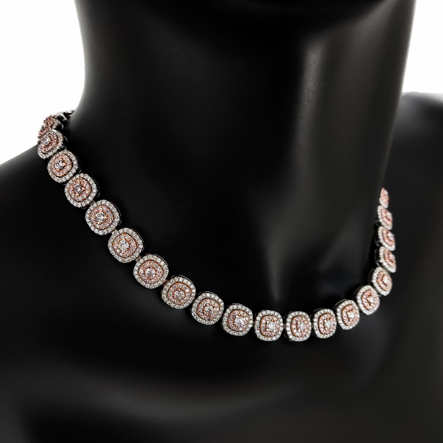Women's IGI Certified 18.14ctw Round Fancy Pink Diamond Necklace 18K Rose & White Gold For Sale