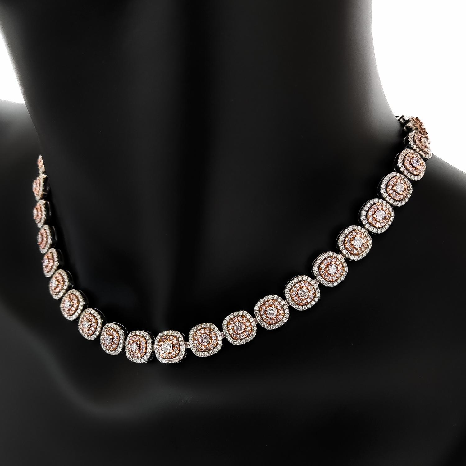 IGI Certified 18.14ctw Round Fancy Pink Diamond Necklace 18K Rose & White Gold For Sale 1