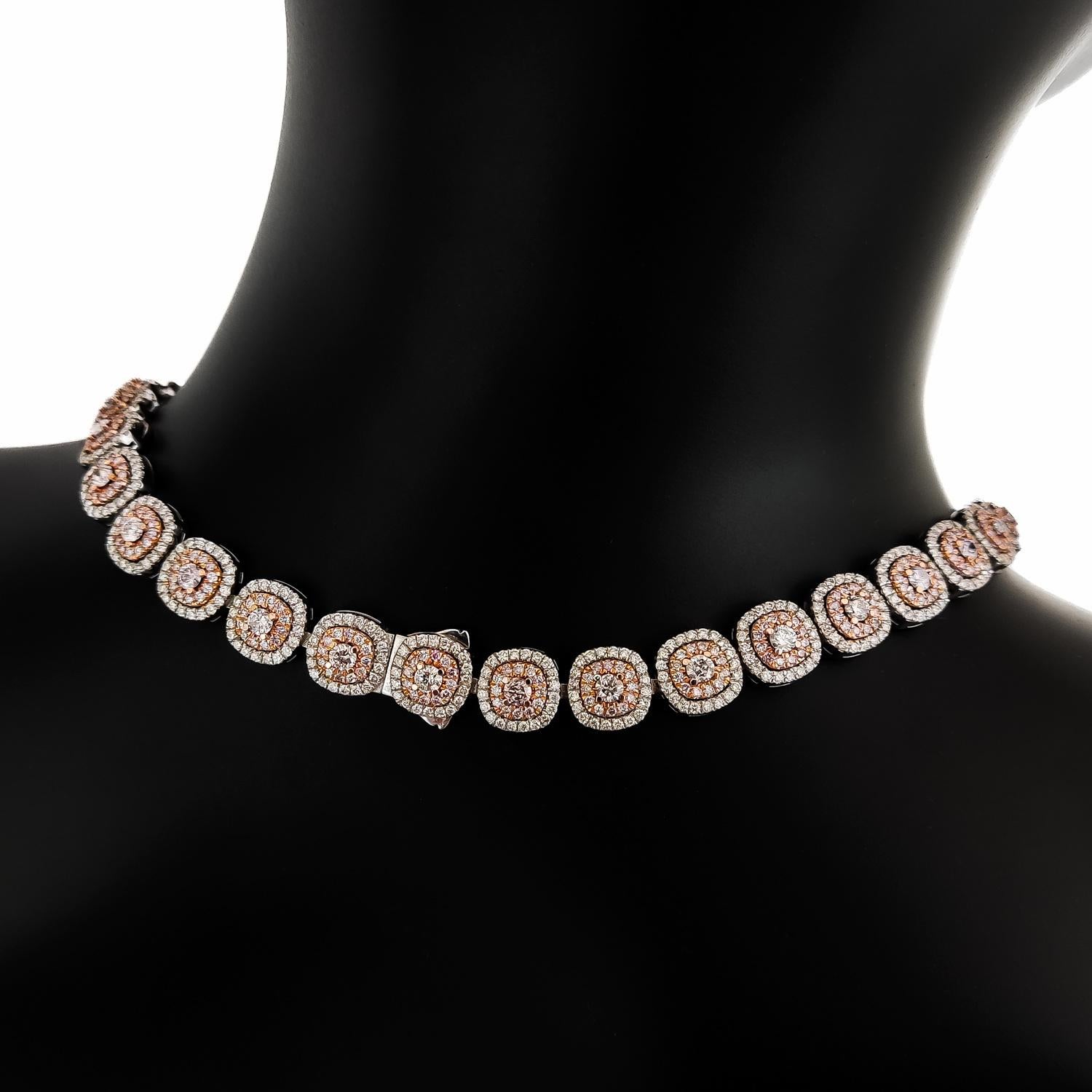 IGI Certified 18.14ctw Round Fancy Pink Diamond Necklace 18K Rose & White Gold For Sale 3