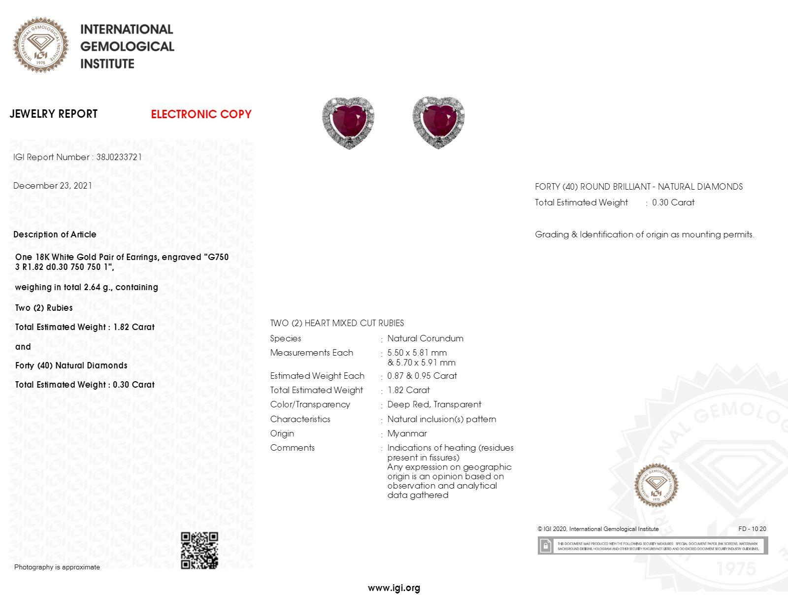 Boucles d'oreilles en or blanc 18 carats certifiées IGI avec rubis de Birmanie et diamants de 1,82 carat en vente 6