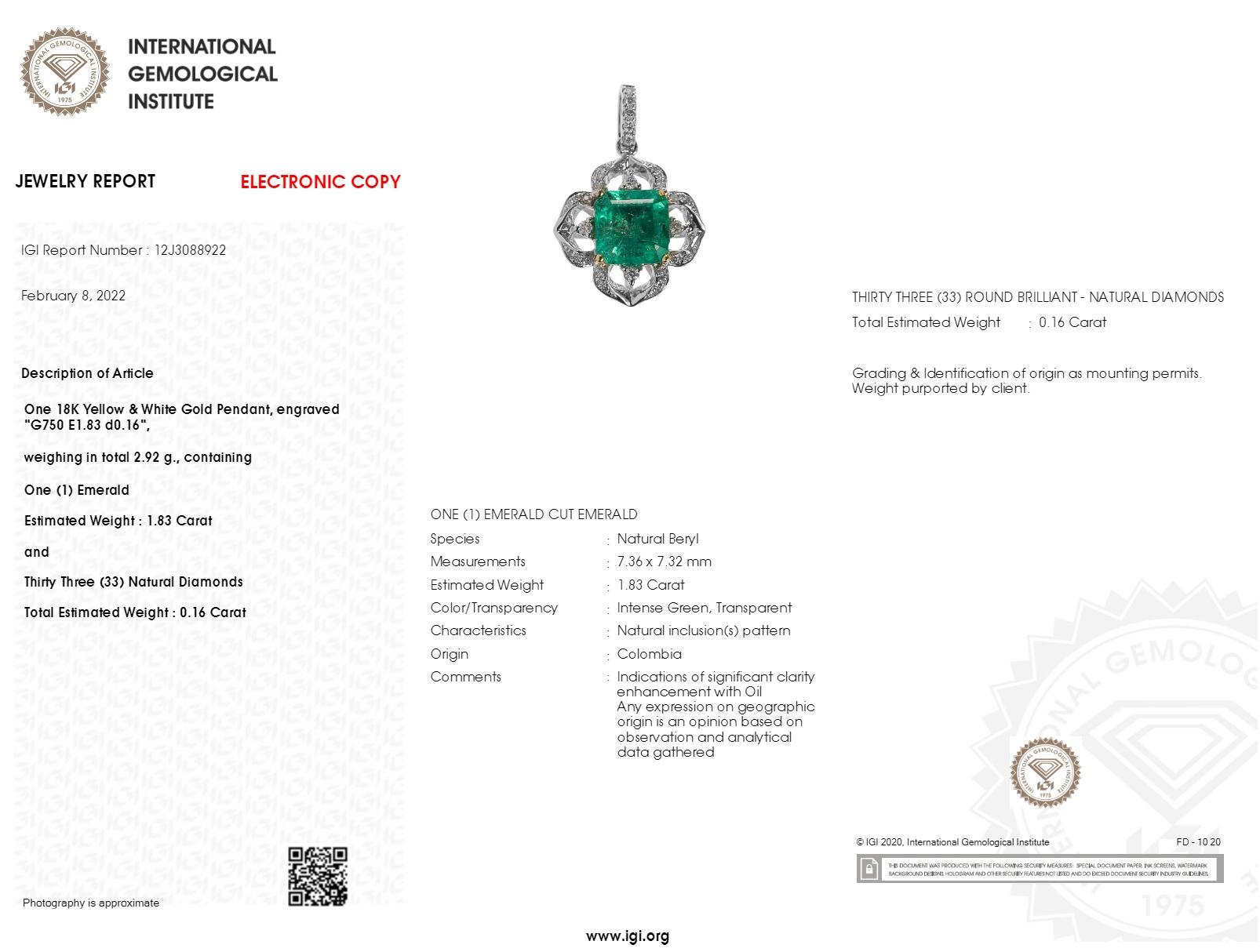 IGI-zertifiziert 1,83 Karat kolumbianischen Smaragd ein Diamant-Anhänger in 18K Gold (Moderne) im Angebot