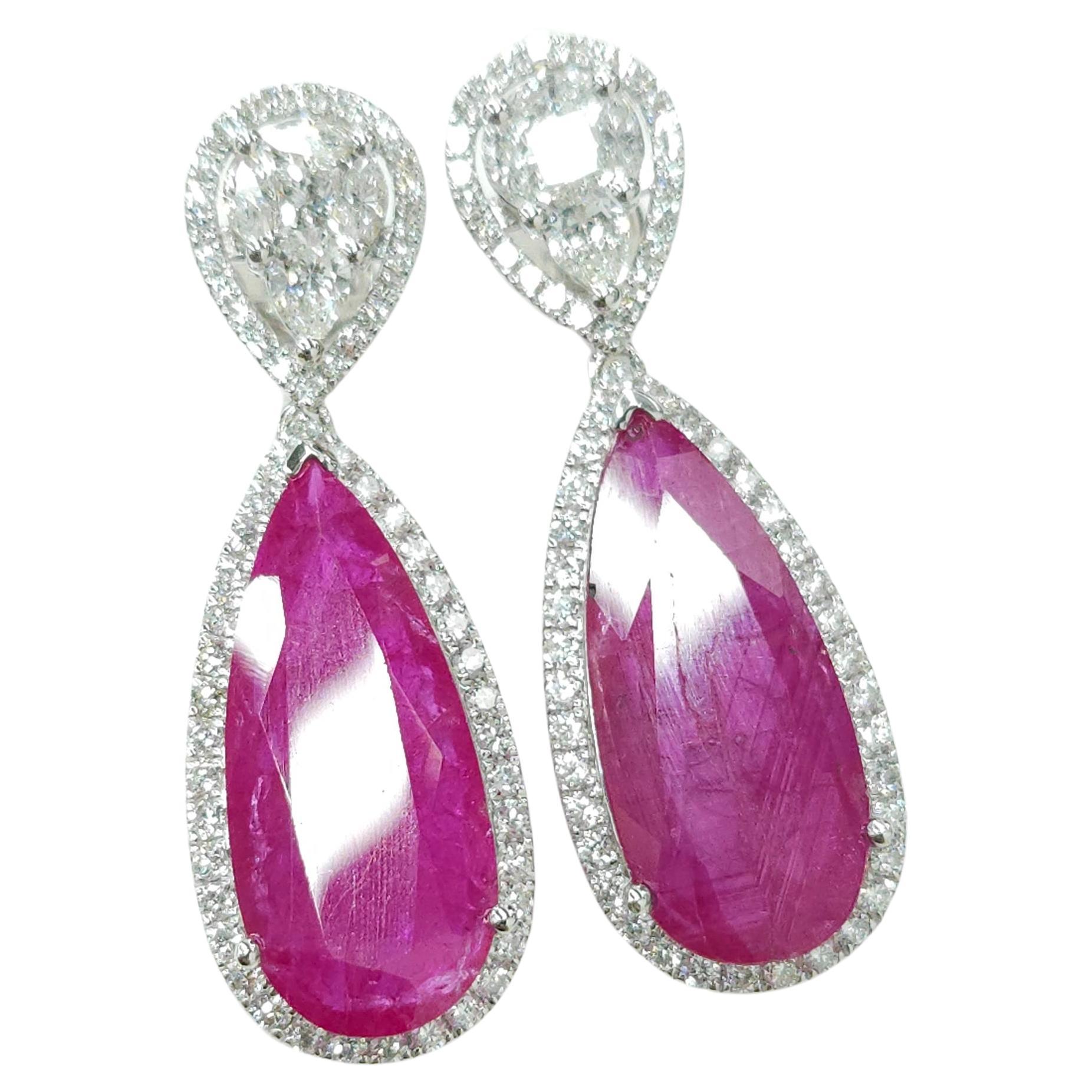 Modern IGI Certified 18.49 Carat Burma Ruby &Diamond Earrings in 18K White Gold For Sale