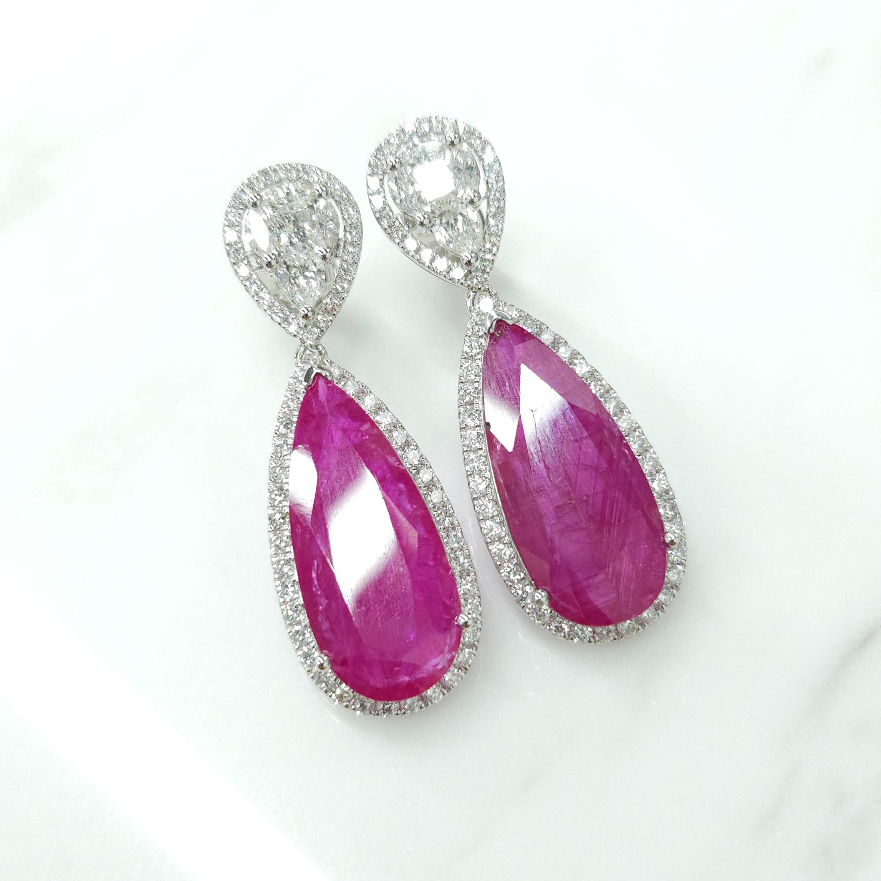 Pear Cut IGI Certified 18.49 Carat Burma Ruby &Diamond Earrings in 18K White Gold For Sale