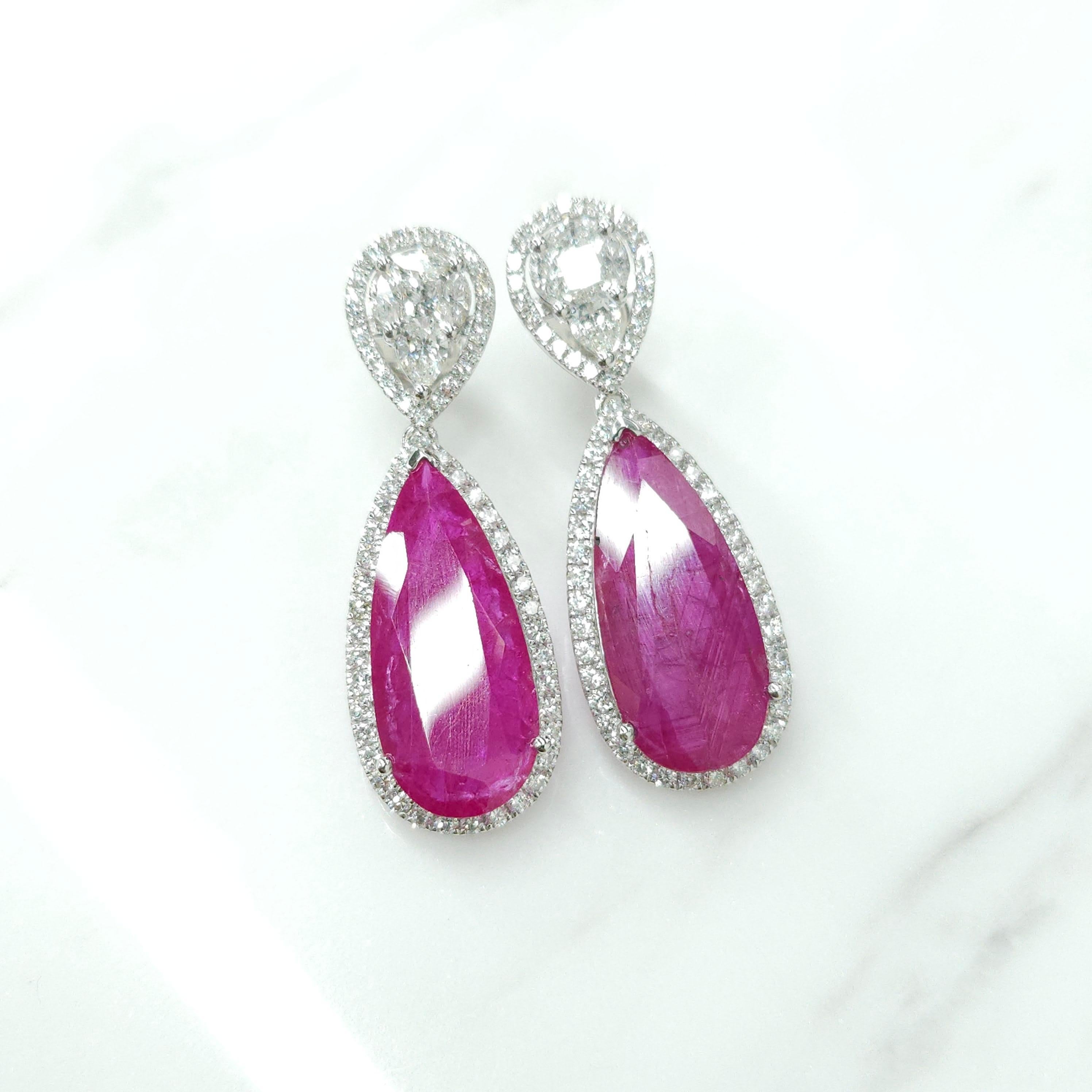 IGI Certified 18.49 Carat Burma Ruby &Diamond Earrings in 18K White Gold In New Condition For Sale In KOWLOON, HK