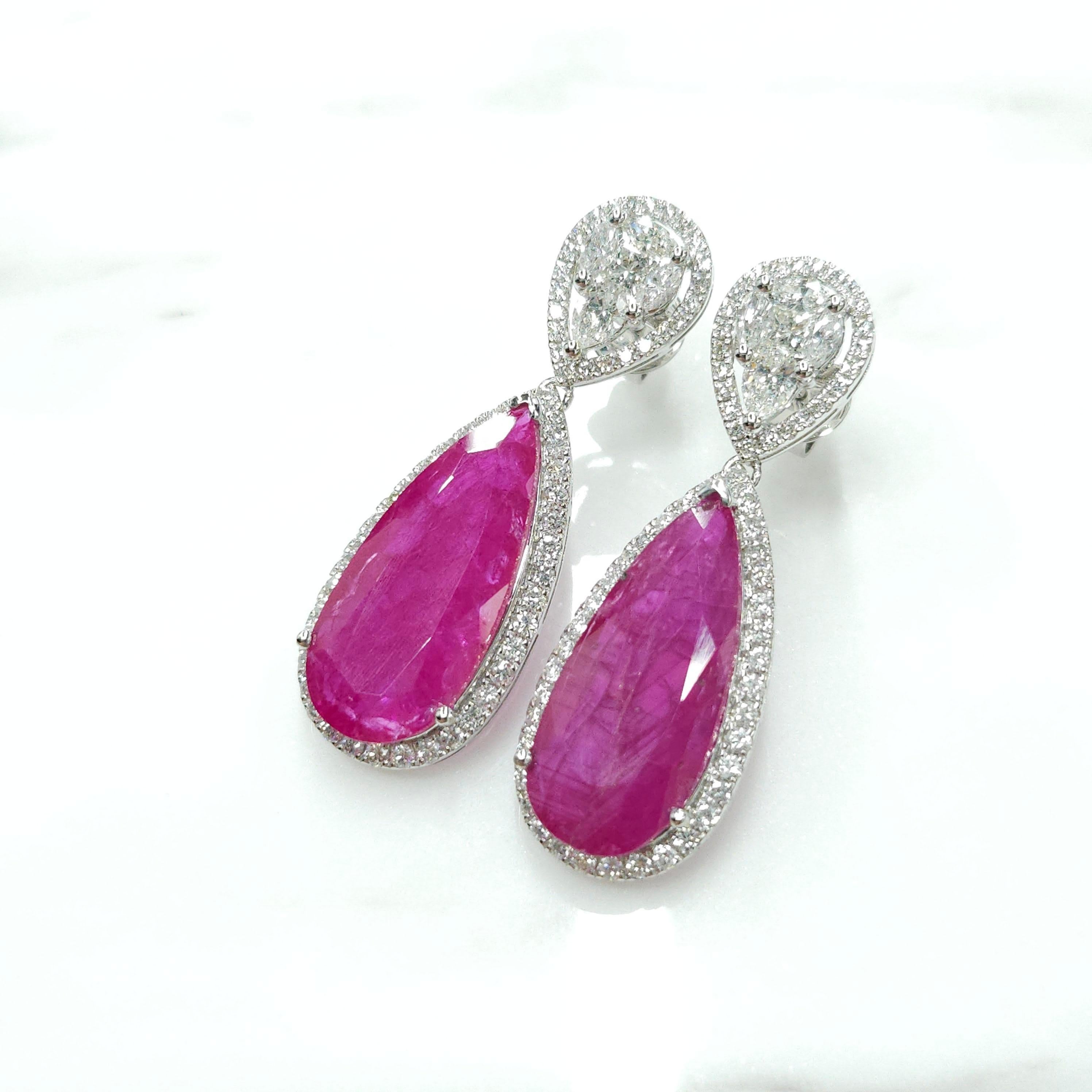 Women's or Men's IGI Certified 18.49 Carat Burma Ruby &Diamond Earrings in 18K White Gold For Sale