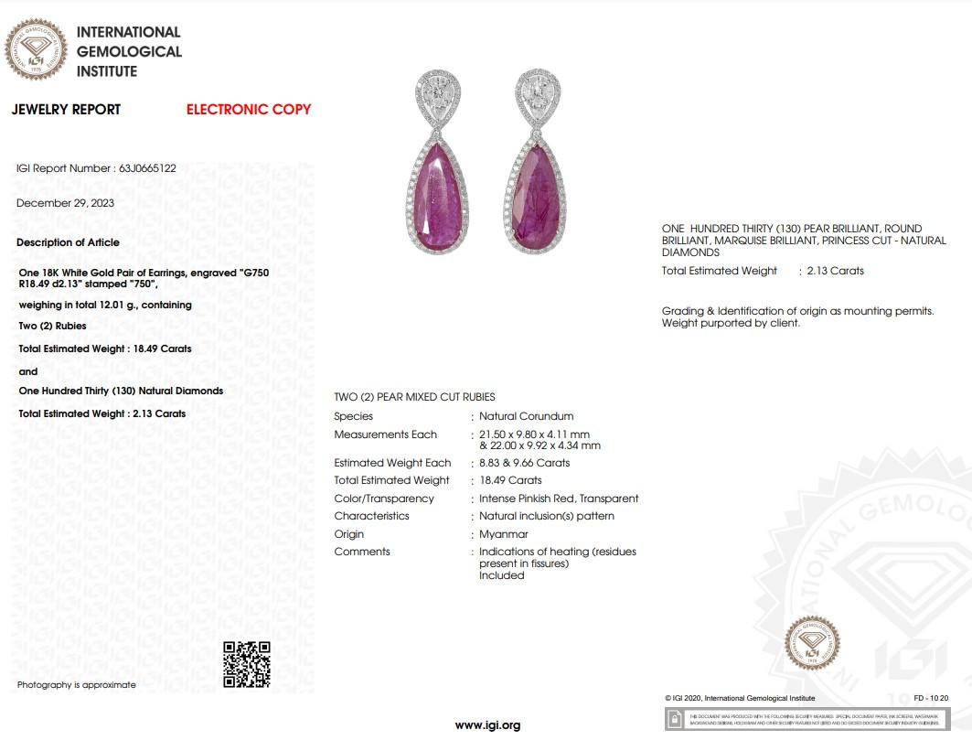 IGI Certified 18.49 Carat Burma Ruby &Diamond Earrings in 18K White Gold For Sale 1