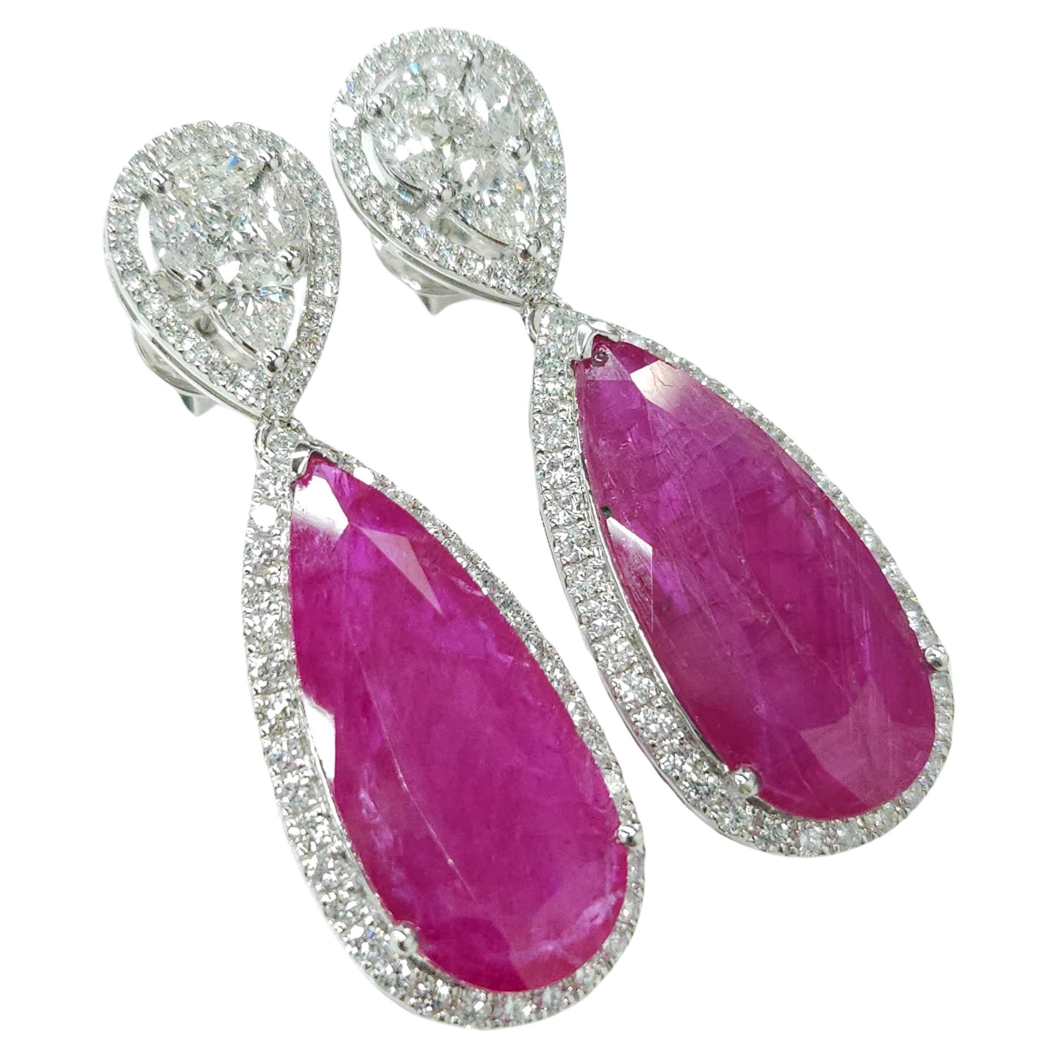 IGI Certified 18.49 Carat Burma Ruby &Diamond Earrings in 18K White Gold For Sale