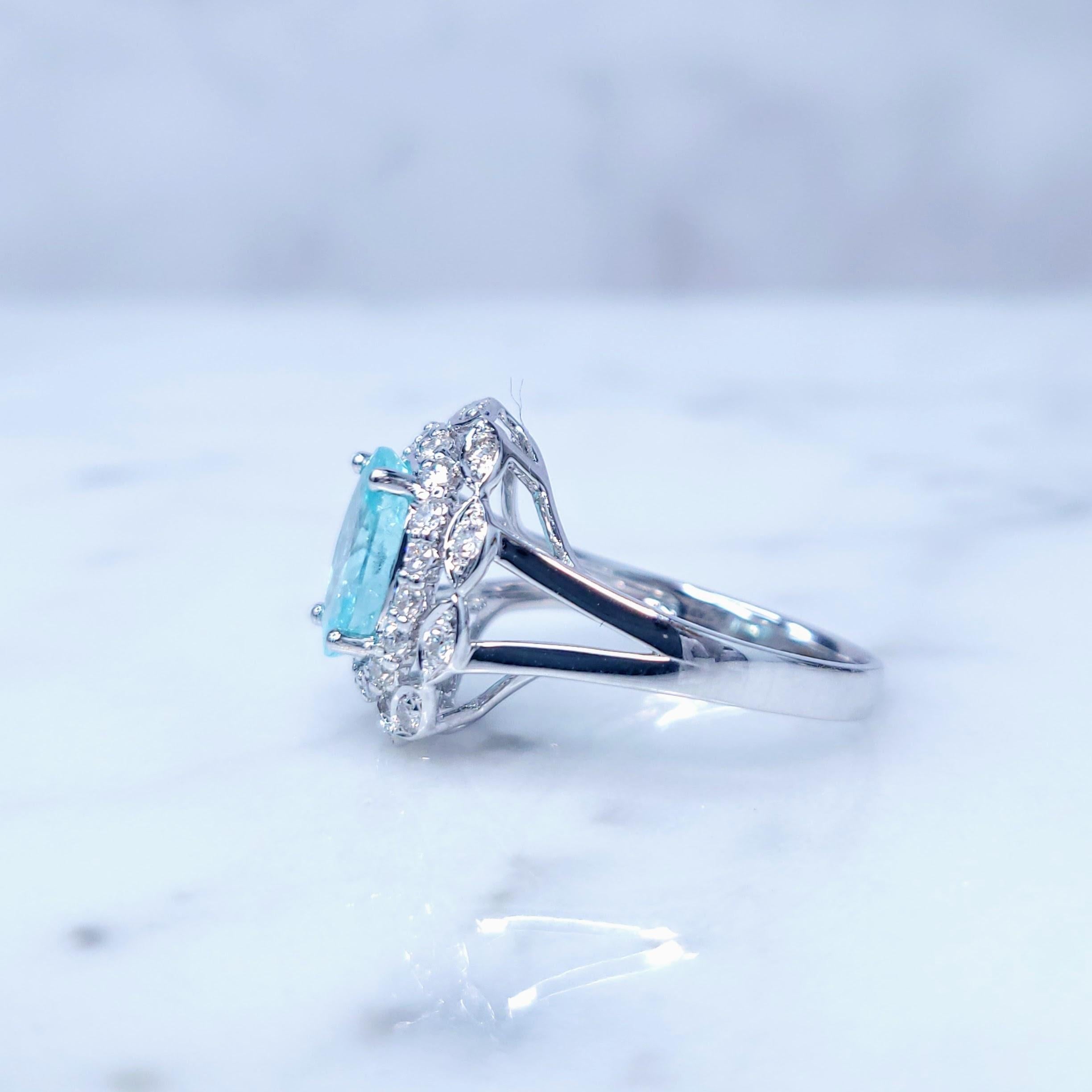 Women's IGI Certified 1.85 Carat Paraiba & Diamond Ring in 18K White Gold For Sale