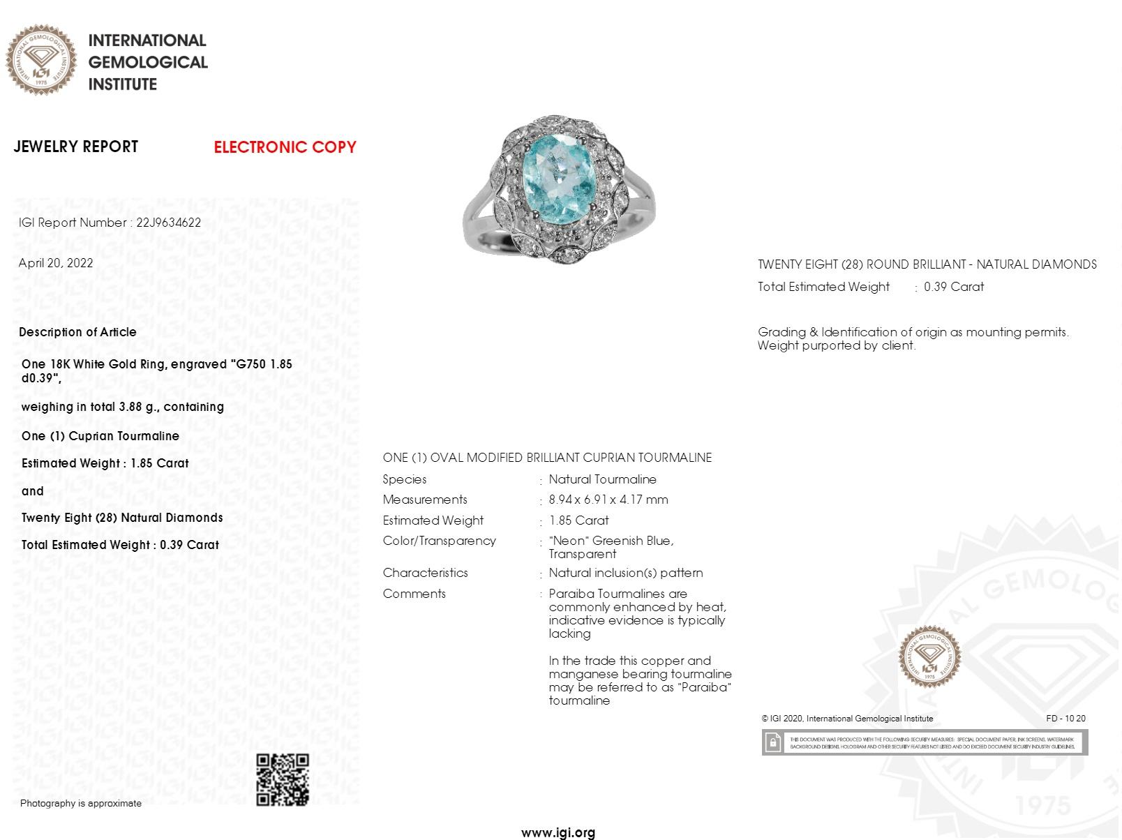 IGI Certified 1.85 Carat Paraiba & Diamond Ring in 18K White Gold For Sale 3